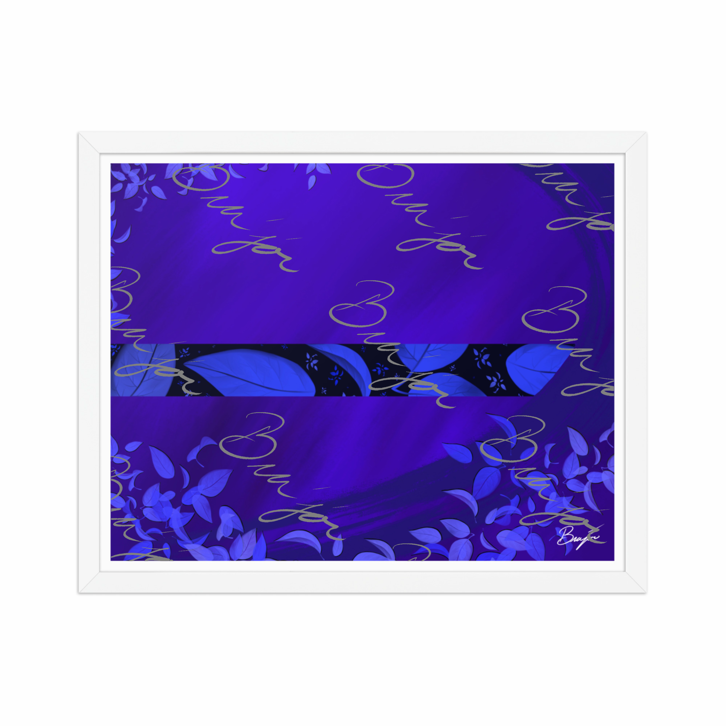 16x20 White Framed abstract artwork titled A Moment designed by the digital abstract artist Bra'jor. Artwork includes the colors Blue, Black, and Purple