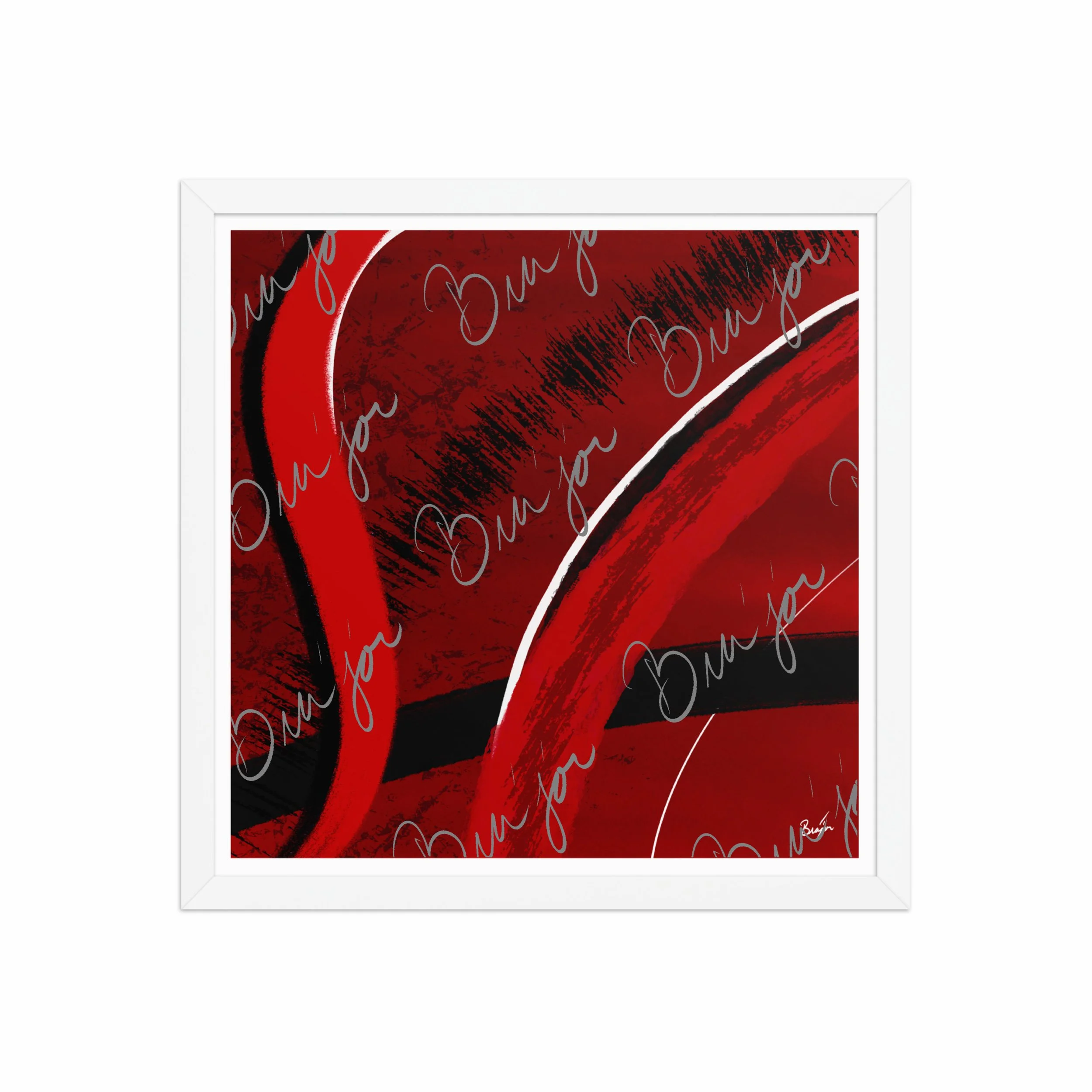16x16 White Framed Abstract artwork titled Feel designed by the digital abstract artist Bra'jor. Artwork includes the colors Red, Black, Blue, and White