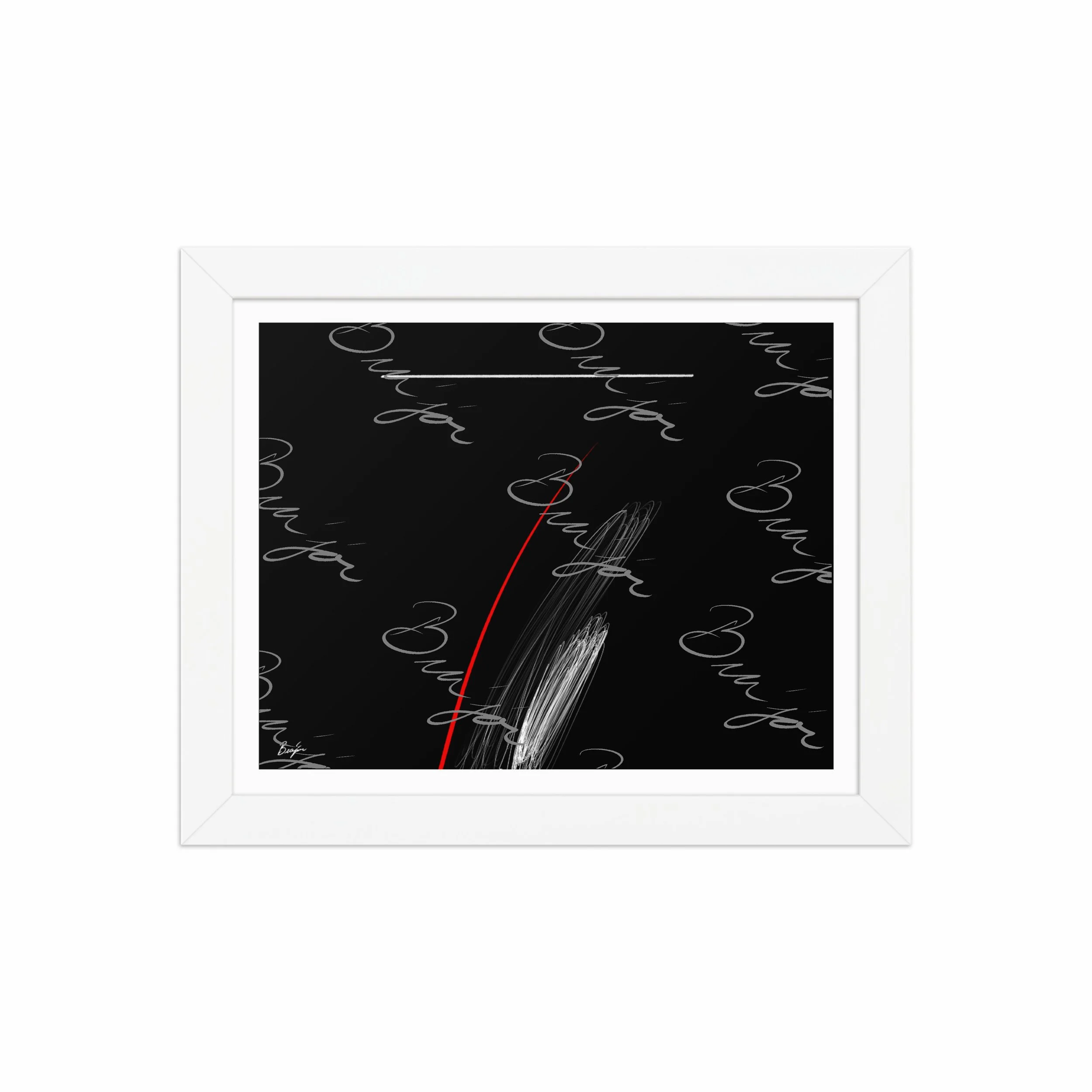 8x10 White Framed Self Titled Abstract artwork ‘Bra’jor’ designed by the digital abstract artist Bra'jor. Artwork includes the colors Black, Red, and White