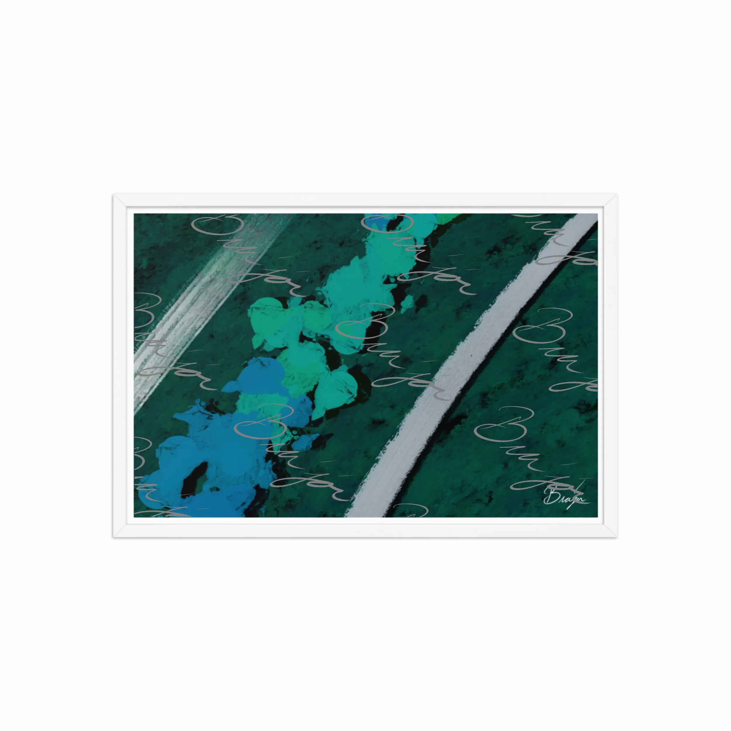 20x30 White Framed abstract artwork titled Breathe designed by the digital abstract artist Bra'jor. Artwork includes the colors Green, Blue, Black, and White
