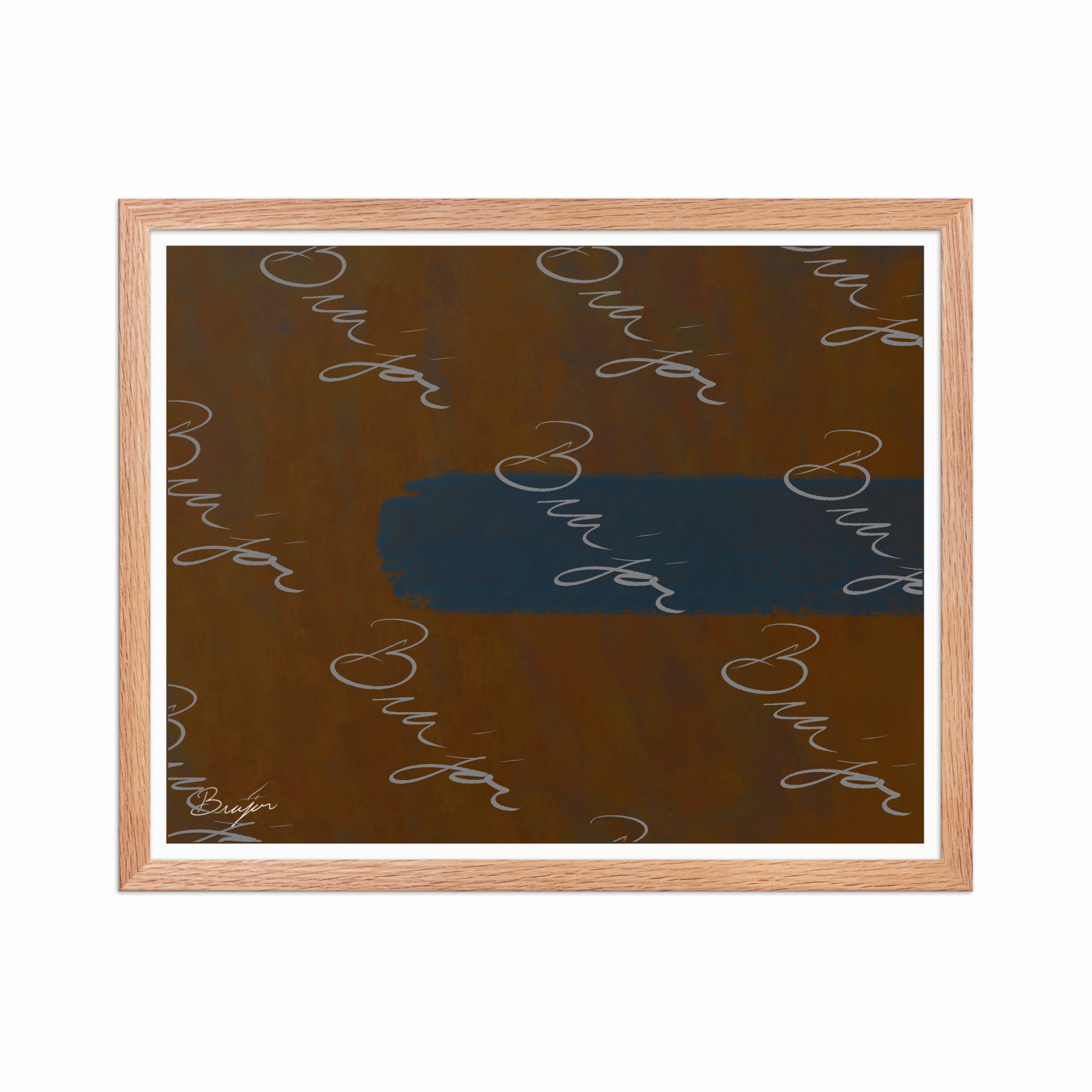 16x20 Red Oak Framed Abstract artwork titled Distraction designed by the digital abstract artist Bra'jor. Artwork includes the colors Brown, Blue, and Orange