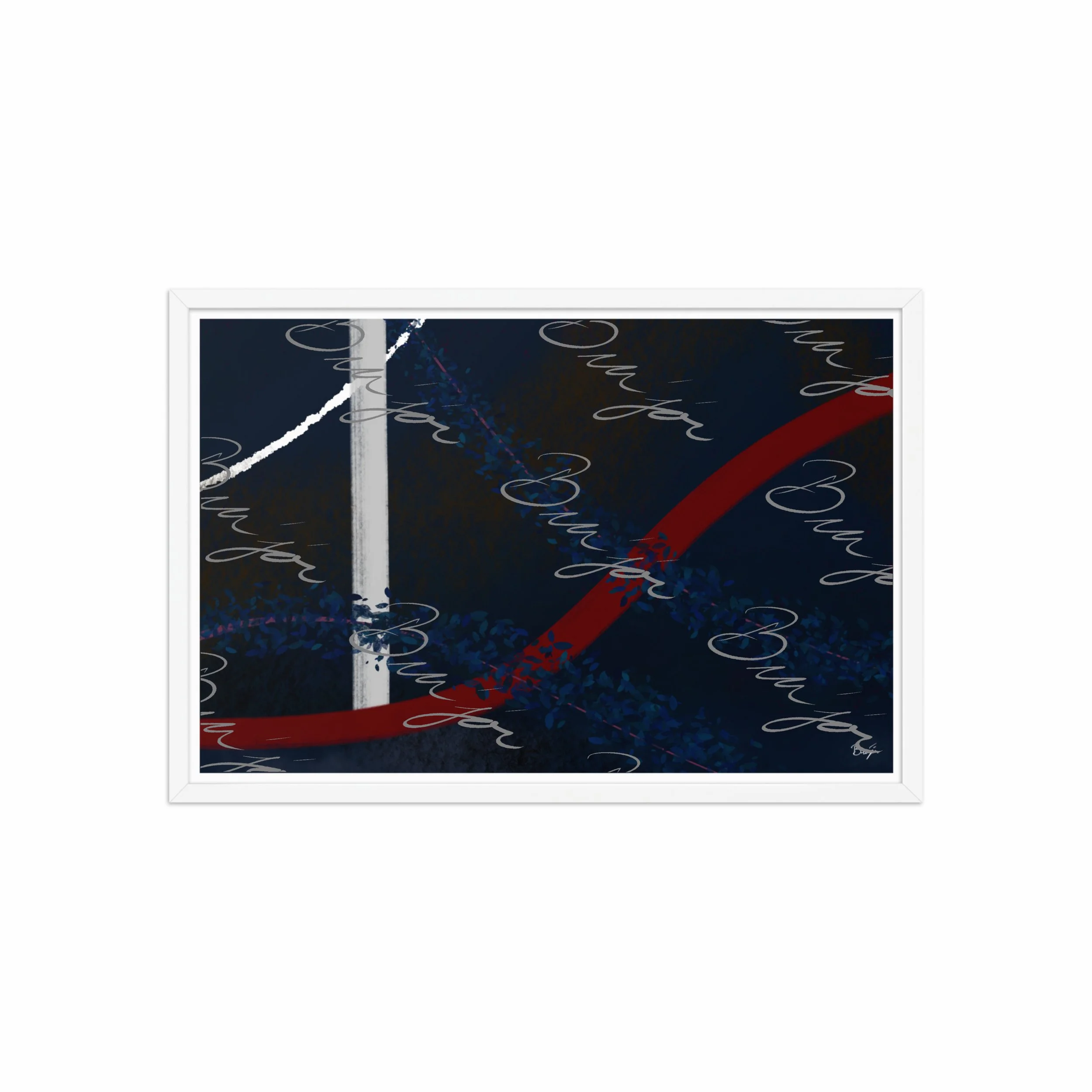 20x30 White Framed abstract artwork titled Gloomy II designed by the digital abstract artist Bra'jor. Artwork includes the colors Blue, Red, White, Pink, and Black