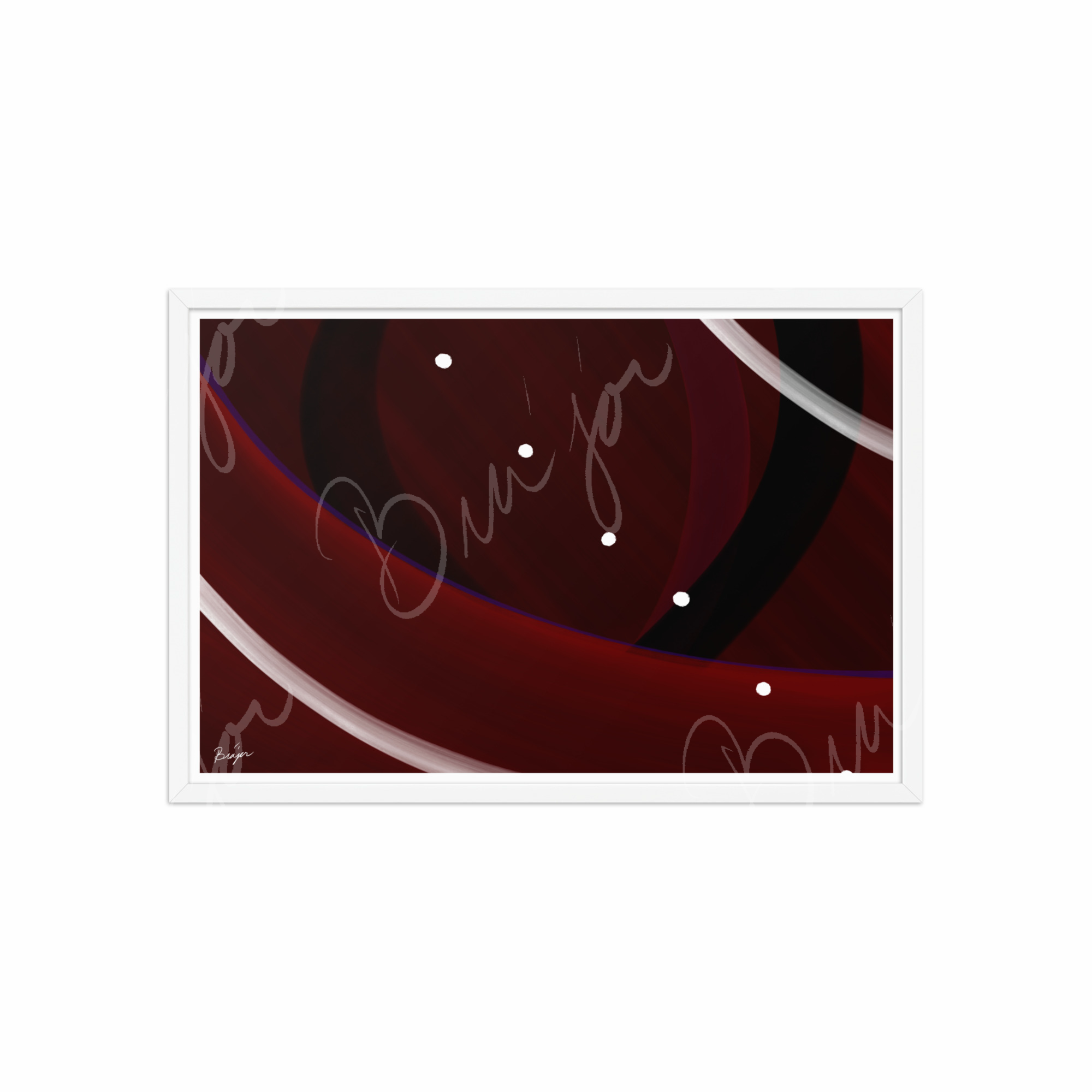 20x30 White  Framed Abstract artwork titled Trail Back designed by the digital abstract artist Bra'jor. Artwork includes the colors Red, Black, Purple, and White