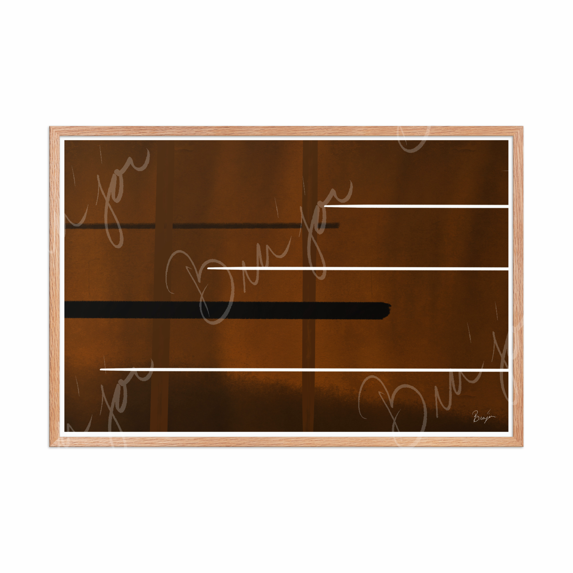 24x36 Red Oak Framed Abstract artwork titled Steps designed by the digital abstract artist Bra'jor. Artwork includes the colors Brown, Black, and White