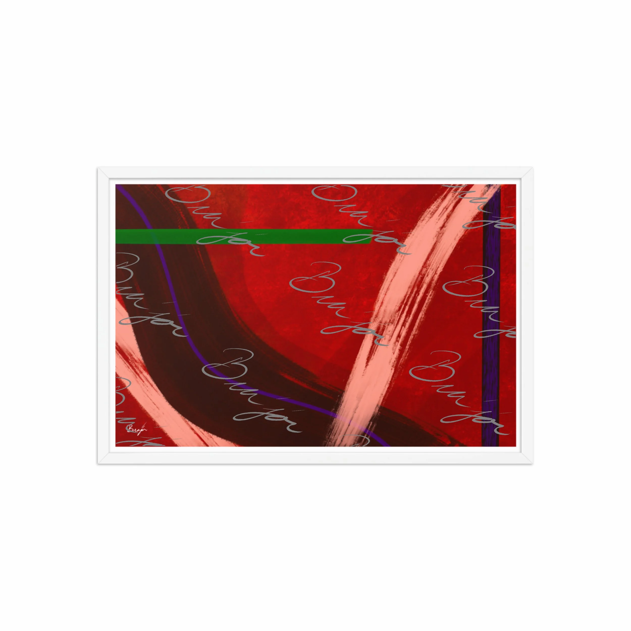 20x30 White Framed abstract artwork titled Feelings designed by the digital abstract artist Bra'jor. Artwork includes the colors Red, Orange, Purple, and Green