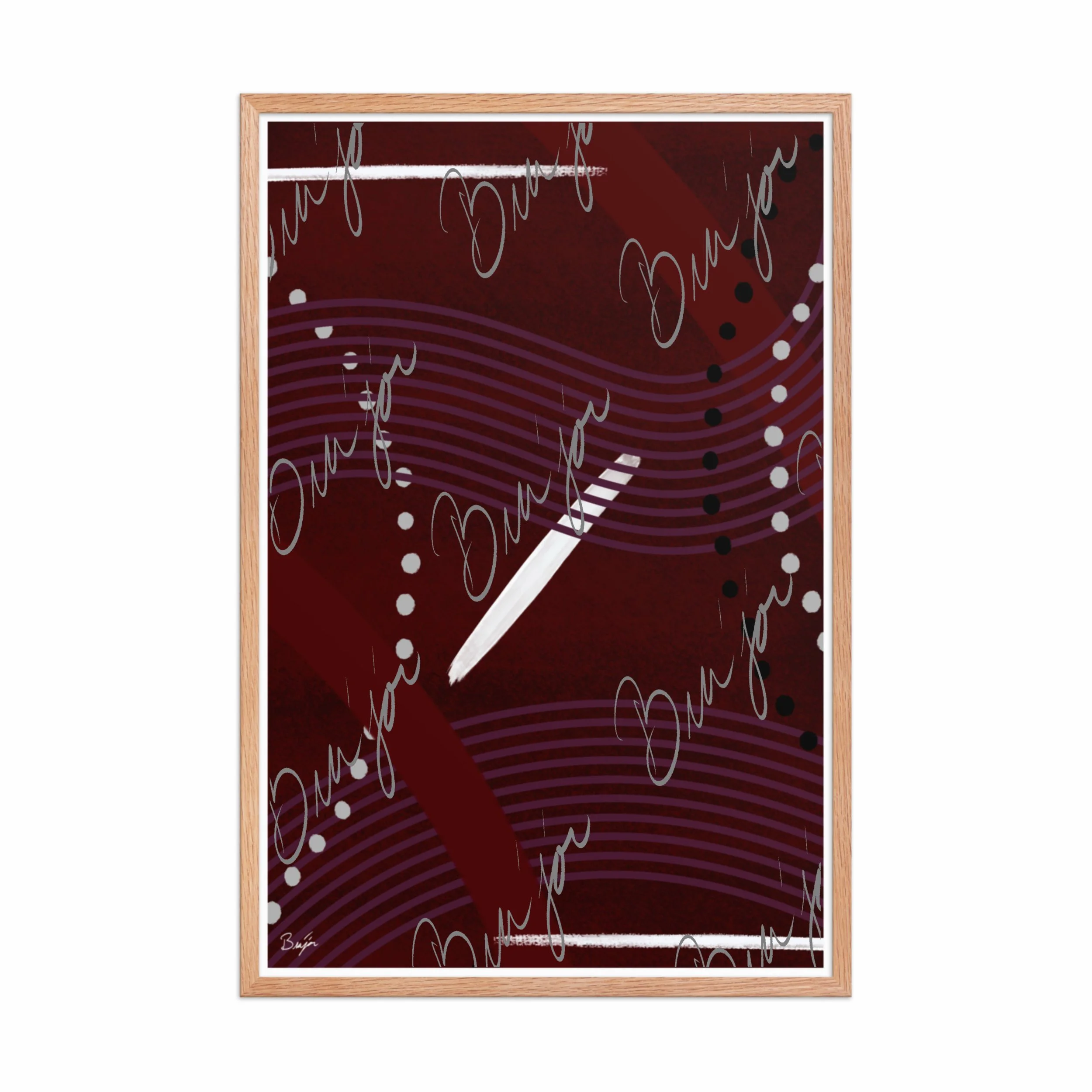 24x36 Red Oak Framed Abstract artwork titled Memories designed by the digital abstract artist Bra'jor. Artwork includes the colors Black, White, Maroon, Purple, and Gray