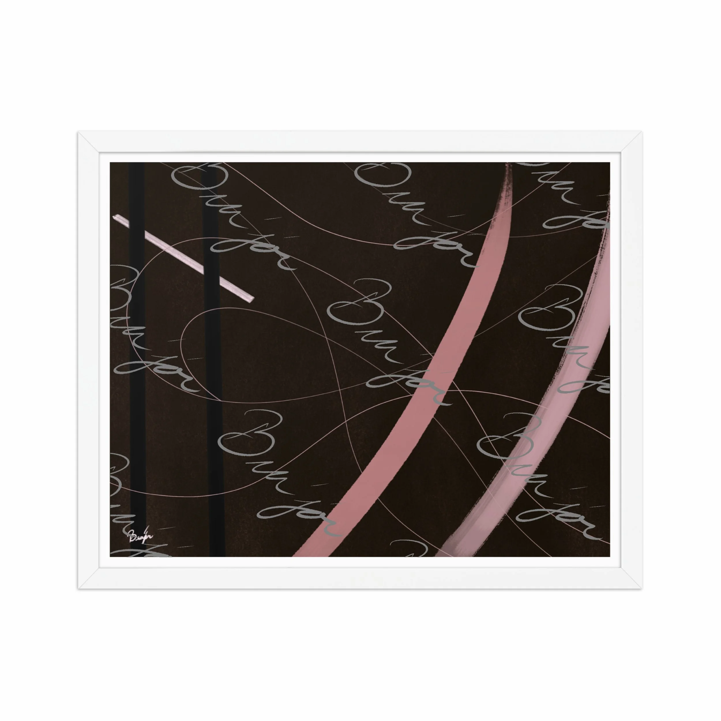 16x20 White Framed abstract artwork titled Beholder designed by the digital abstract artist Bra'jor. Artwork includes the colors Brown, Pink, Black, and White