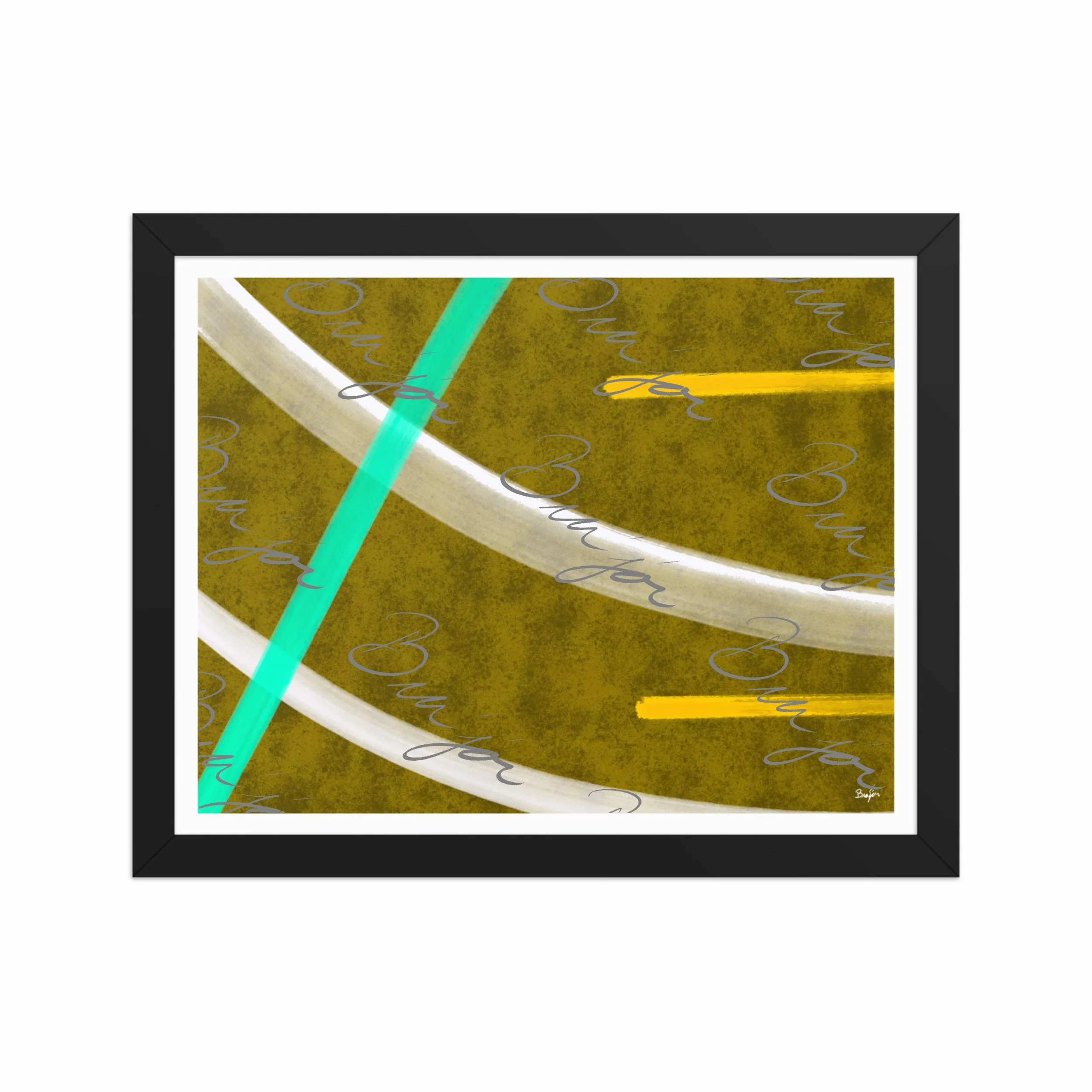 11x14 Black Framed Abstract artwork titled Hushed designed by the digital abstract artist Bra'jor. Artwork includes the colors Orange, Yellow, White, and Blue