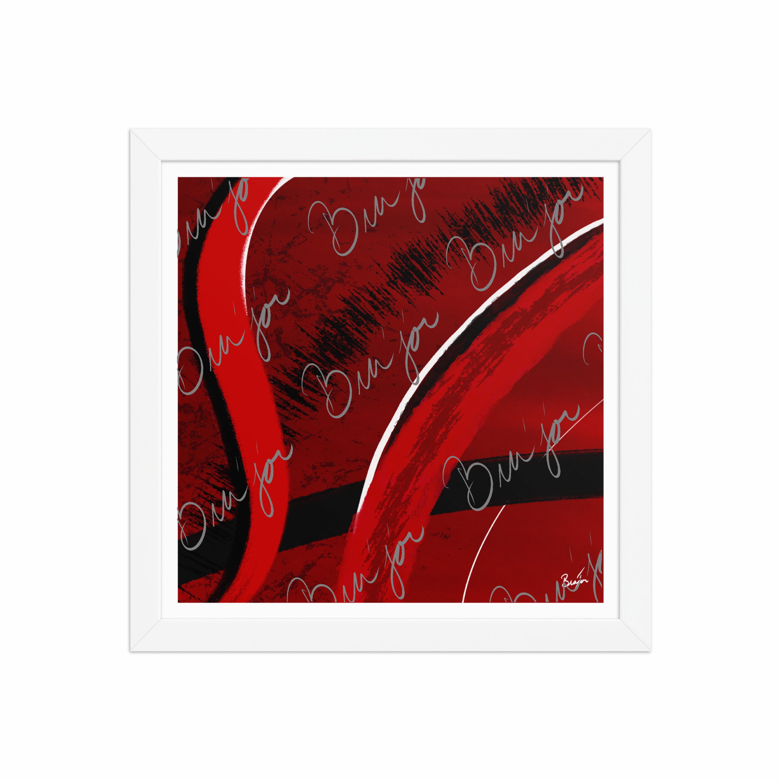 12x12 White Framed Abstract artwork titled Feel designed by the digital abstract artist Bra'jor. Artwork includes the colors Red, Black, Blue, and White