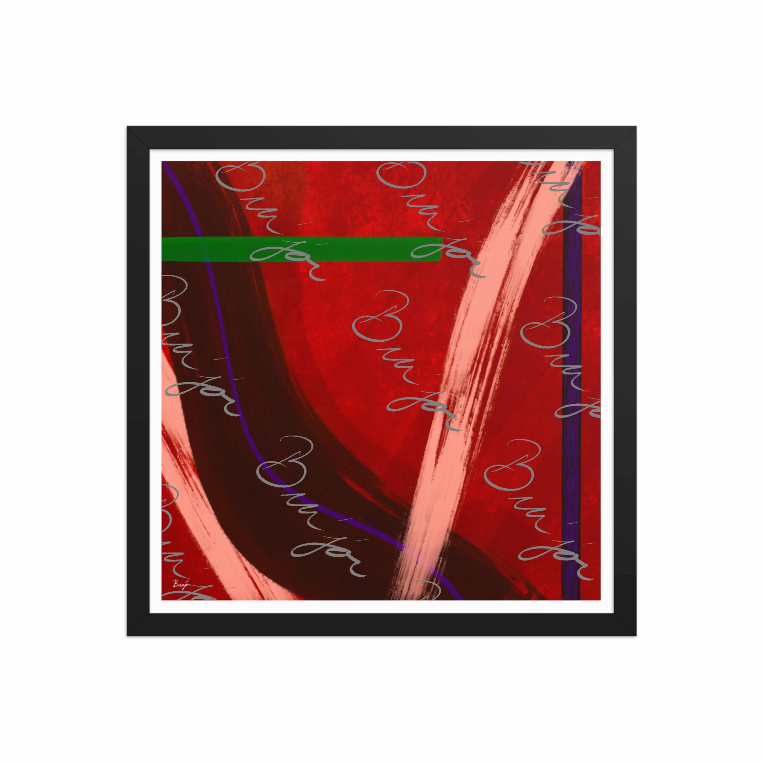 16x16 Black Framed abstract artwork titled Feelings designed by the digital abstract artist Bra'jor. Artwork includes the colors Red, Orange, Purple, and Green