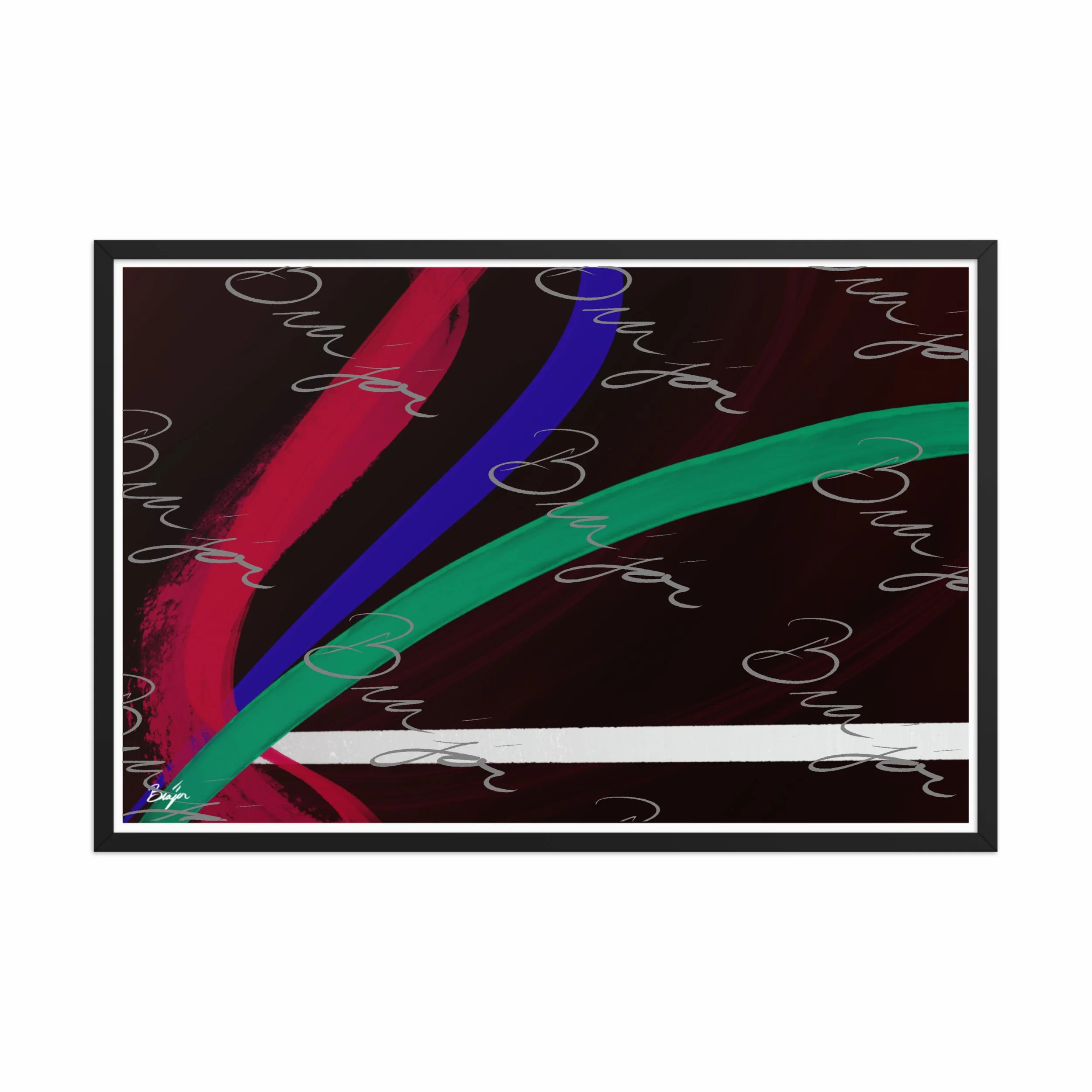 24x36 Black Framed Abstract artwork titled Journey designed by the digital abstract artist Bra'jor. Artwork includes the colors Red, White, Green, and Blue