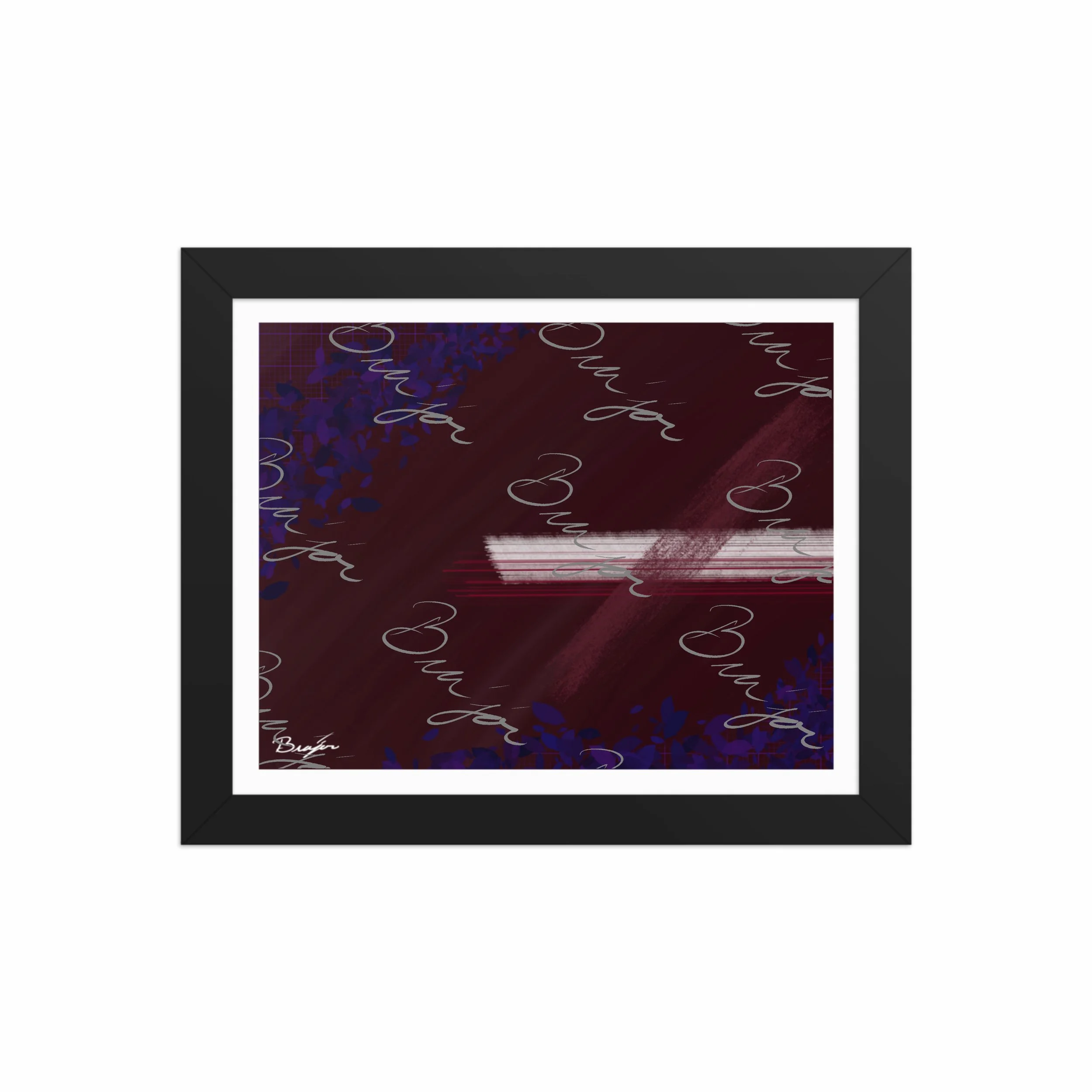 8x10 Black framed abstract artwork titled Guarded designed by the digital abstract artist Bra'jor. Artwork includes the colors Maroon, Black, Blue, and White