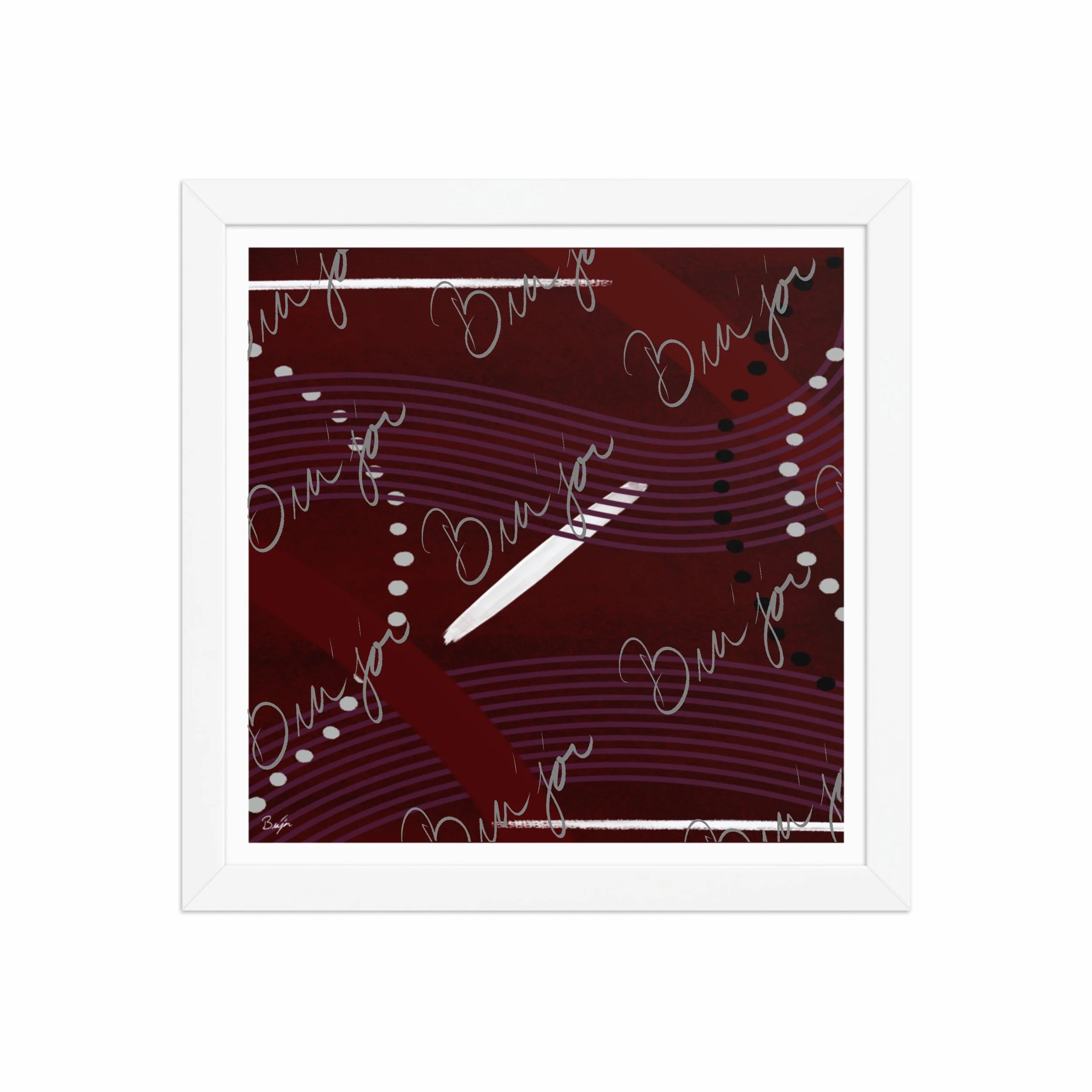 12x12 White Framed Abstract artwork titled Memories designed by the digital abstract artist Bra'jor. Artwork includes the colors Black, White, Maroon, Purple, and Gray