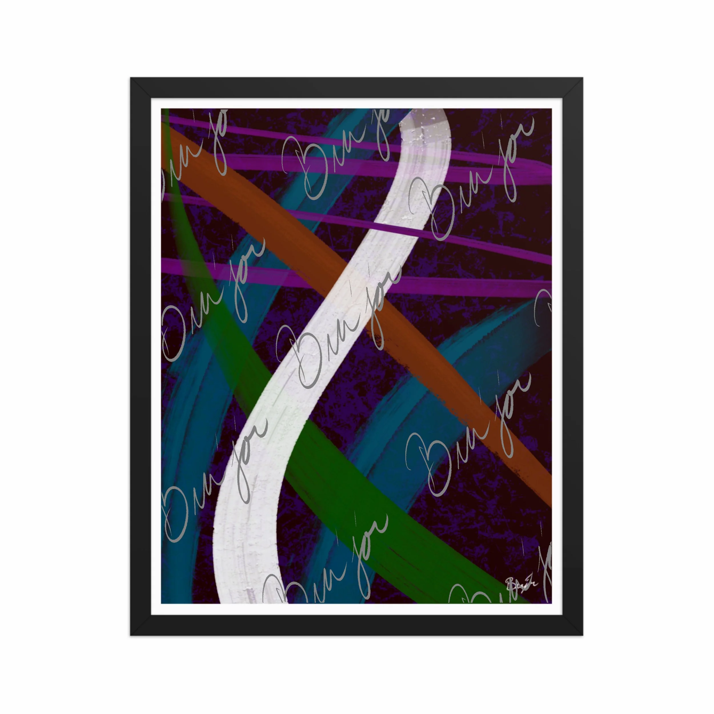 16x20 Black Framed Abstract artwork titled Adventures designed by the digital abstract artist Bra'jor. Artwork includes the colors Purple, Blue, Orange, and White