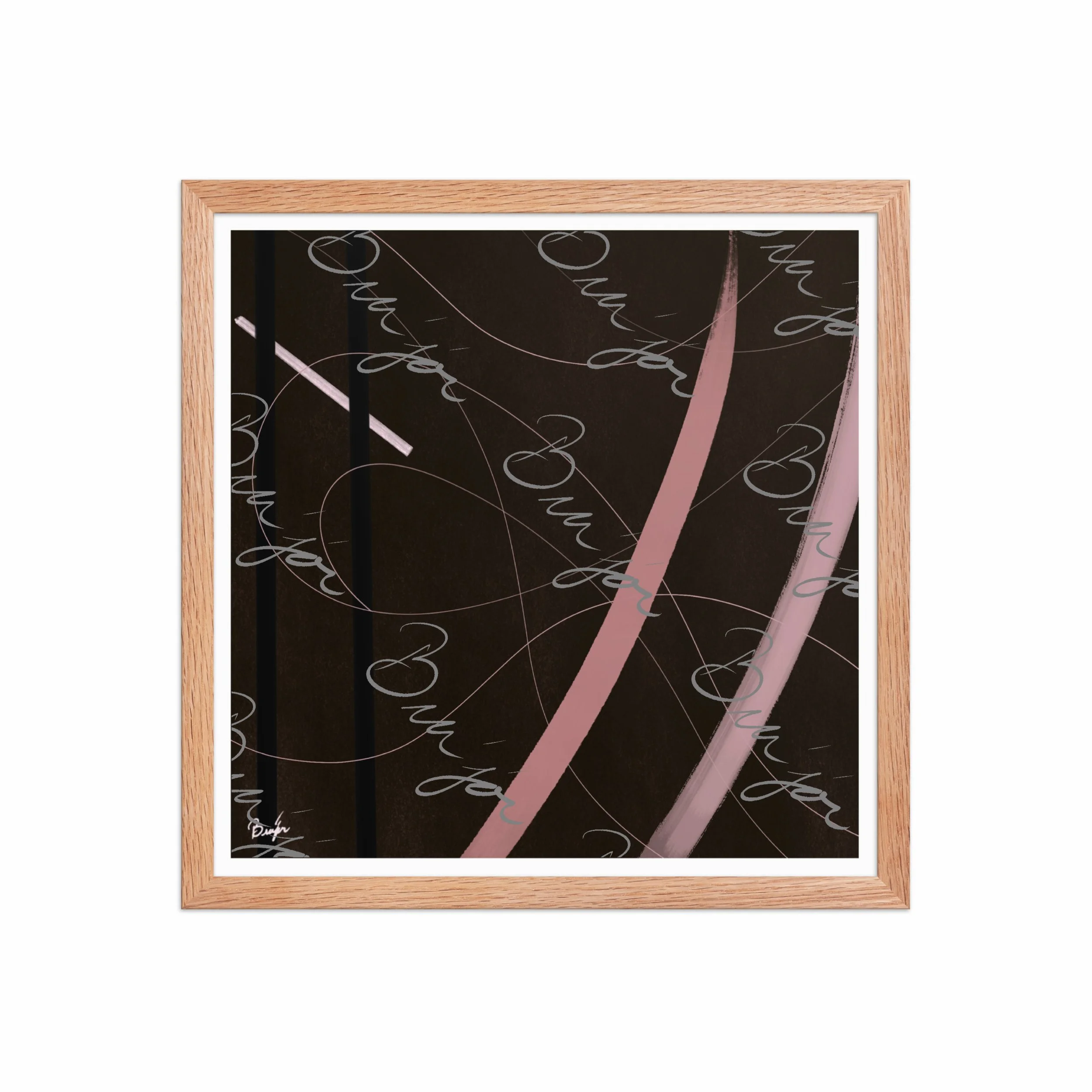 16x16 Red Oak Framed abstract artwork titled Beholder designed by the digital abstract artist Bra'jor. Artwork includes the colors Brown, Pink, Black, and White