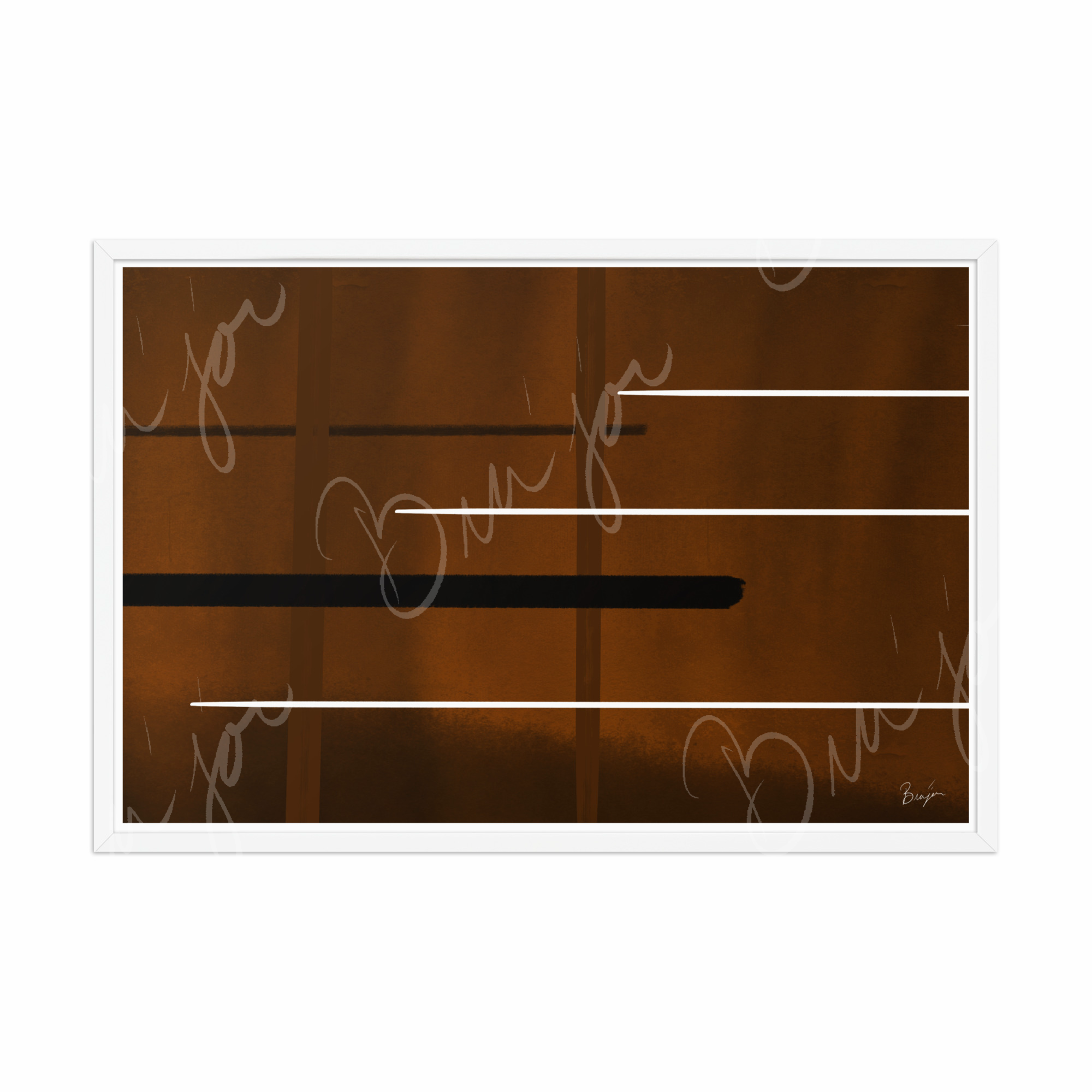 24x36 White Framed Abstract artwork titled Steps designed by the digital abstract artist Bra'jor. Artwork includes the colors Brown, Black, and White