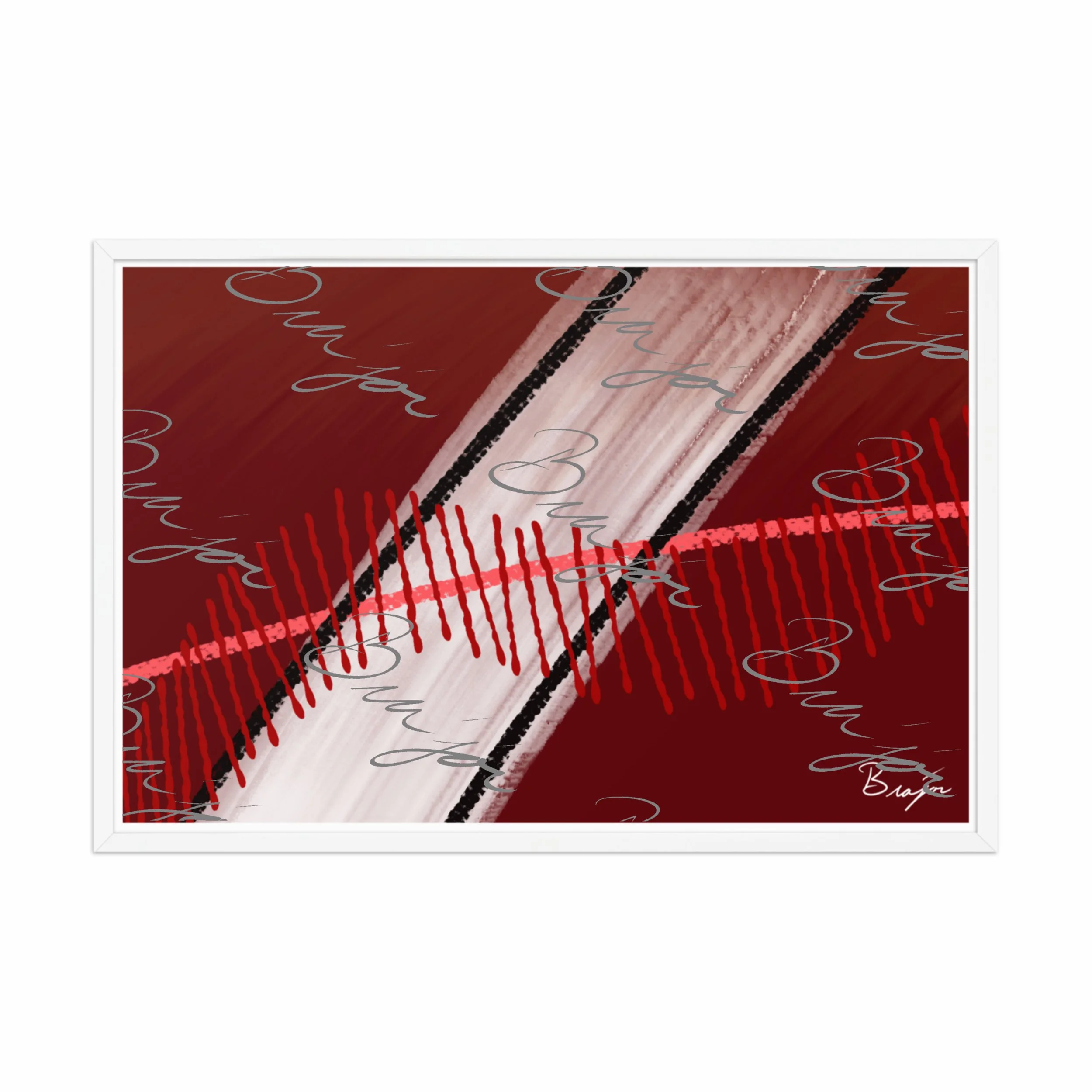 24x36 White Framed abstract artwork titled Confined designed by the digital abstract artist Bra'jor. Artwork includes the colors Red, Pink, Black, Maroon, and White