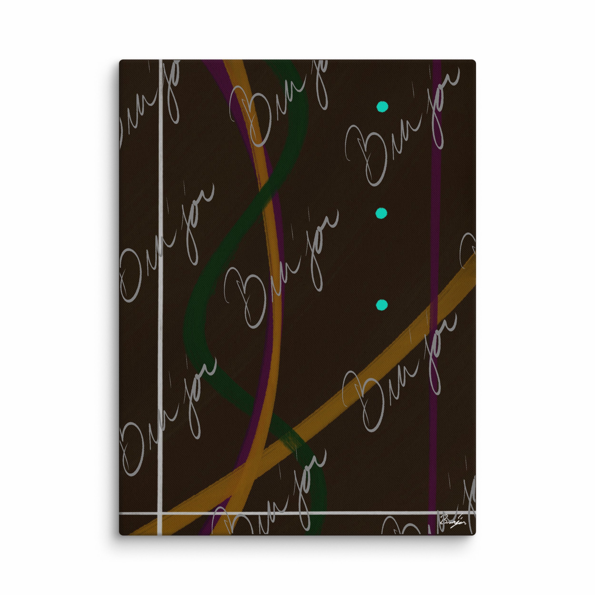 30x40 XL Canvas Abstract artwork titled Button Up designed by the digital abstract artist Bra'jor. Artwork includes the colors Orange, Purple, Green, White, and Brown