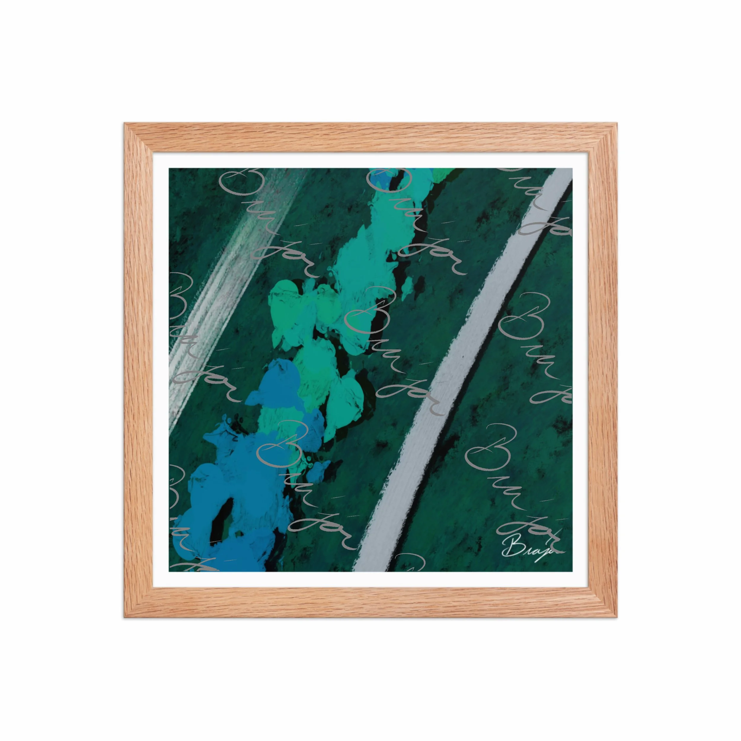 12x12 Red Oak Framed abstract artwork titled Breathe designed by the digital abstract artist Bra'jor. Artwork includes the colors Green, Blue, Black, and White
