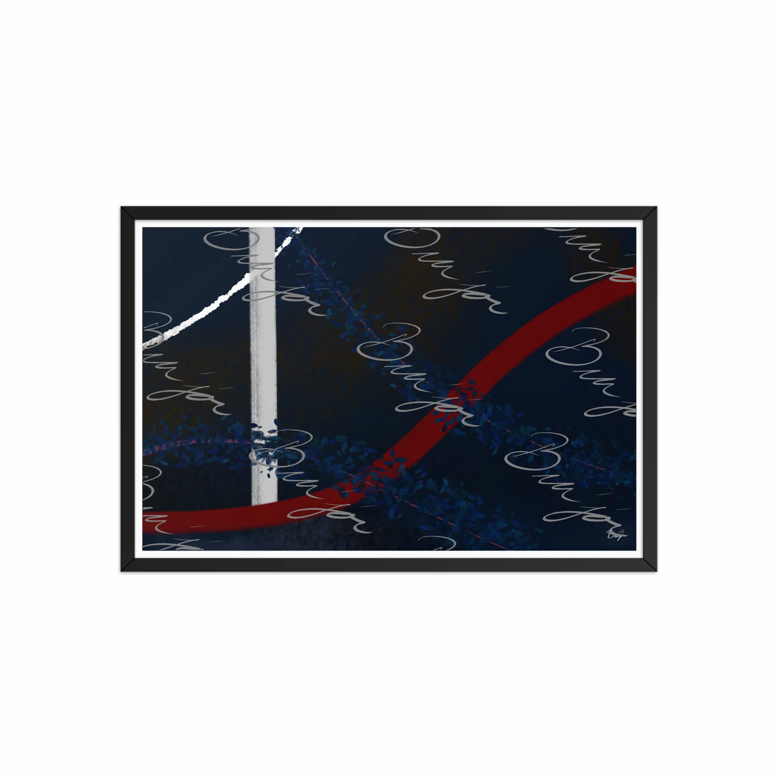 20x30 Black Framed abstract artwork titled Gloomy II designed by the digital abstract artist Bra'jor. Artwork includes the colors Blue, Red, White, Pink, and Black