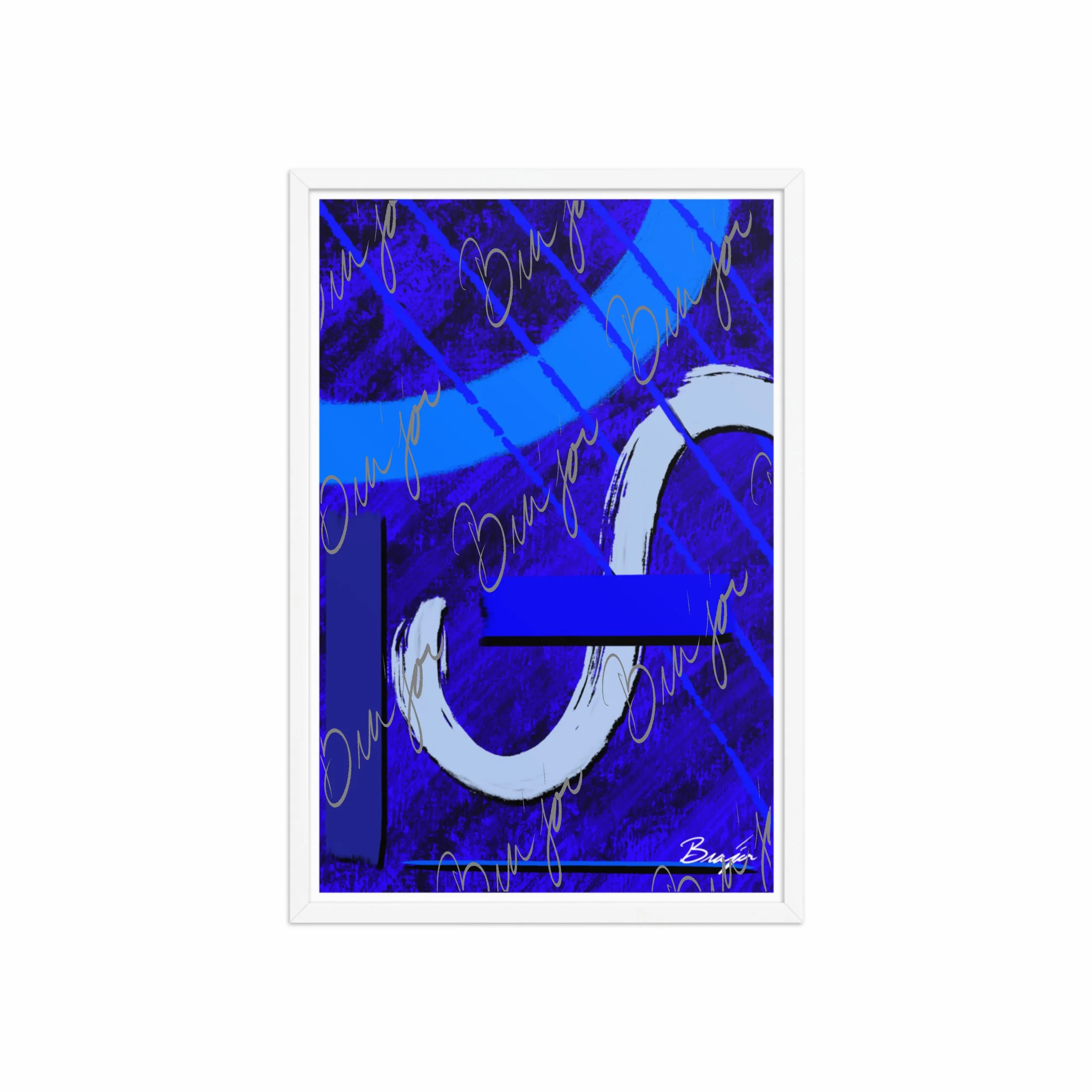 20x30 White Abstract artwork titled Undone designed by the digital abstract artist Bra'jor. Artwork includes the colors Blue, Black, Misty Blue, and Navy