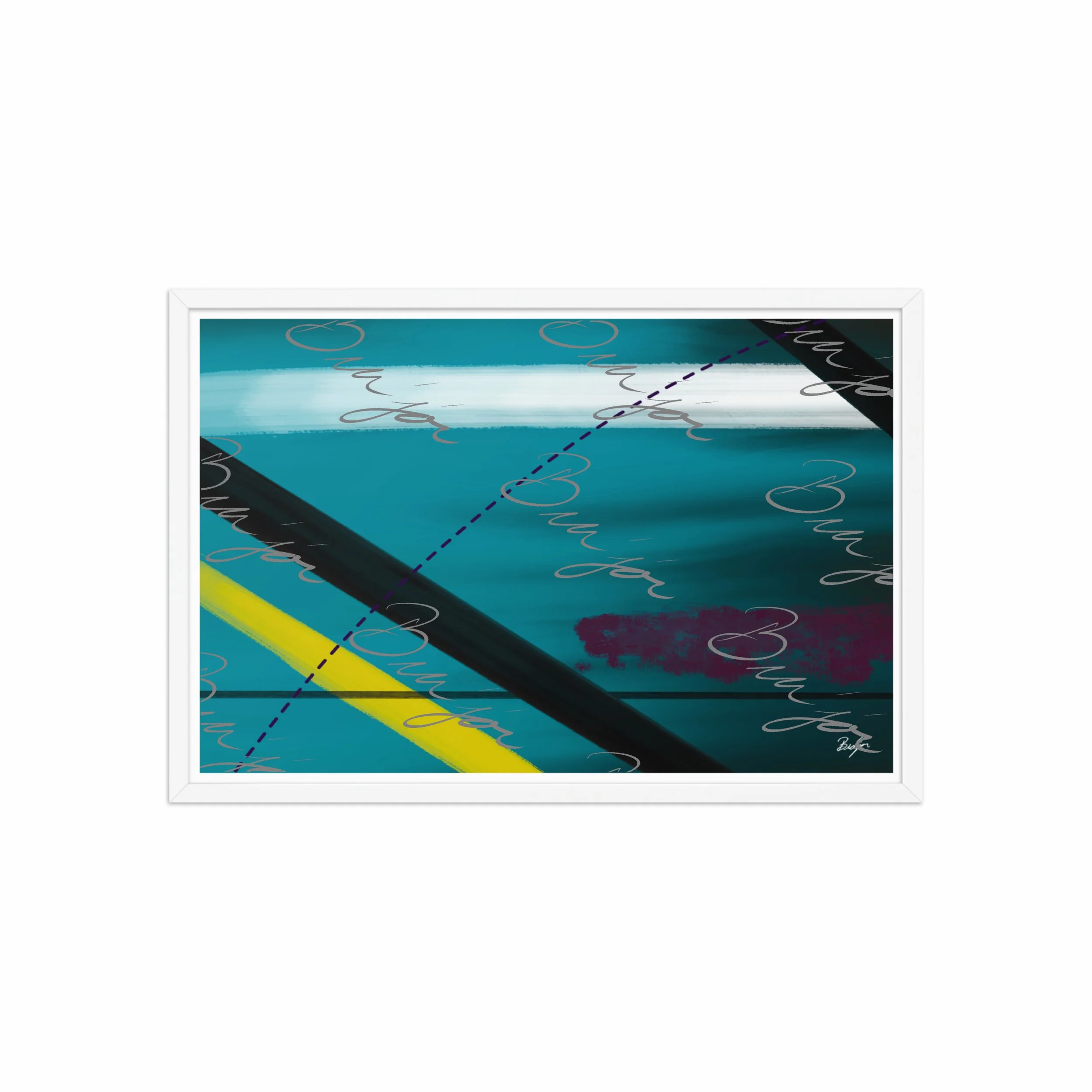 20x30 White Framed Abstract artwork titled First designed by the digital abstract artist Bra'jor. Artwork includes the colors Blue, Yellow, Black, Purple, and White