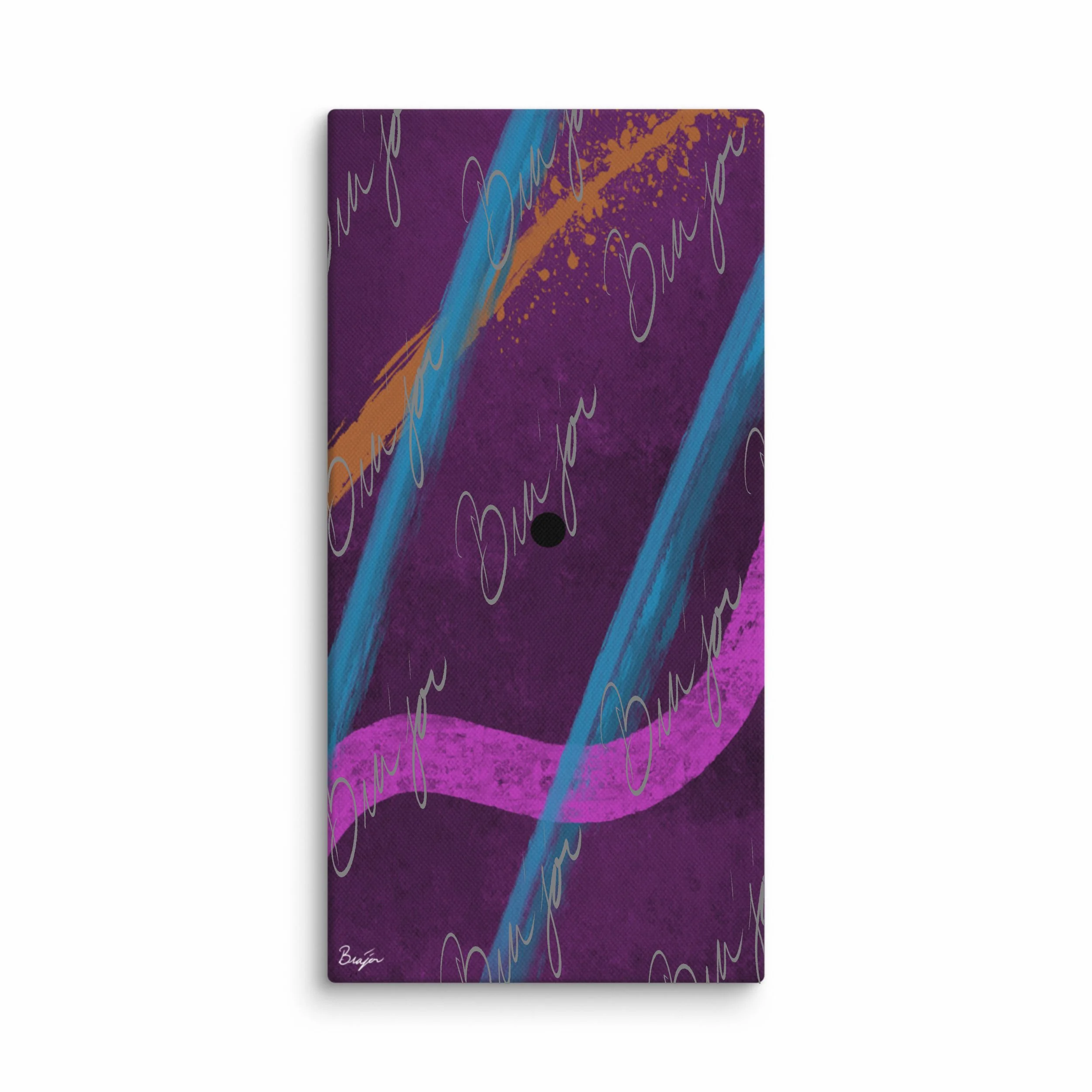 10x20 Canvas abstract artwork titled Absent designed by the digital abstract artist Bra'jor. Artwork includes the colors Blue, Orange, Black, Pink, and Purple