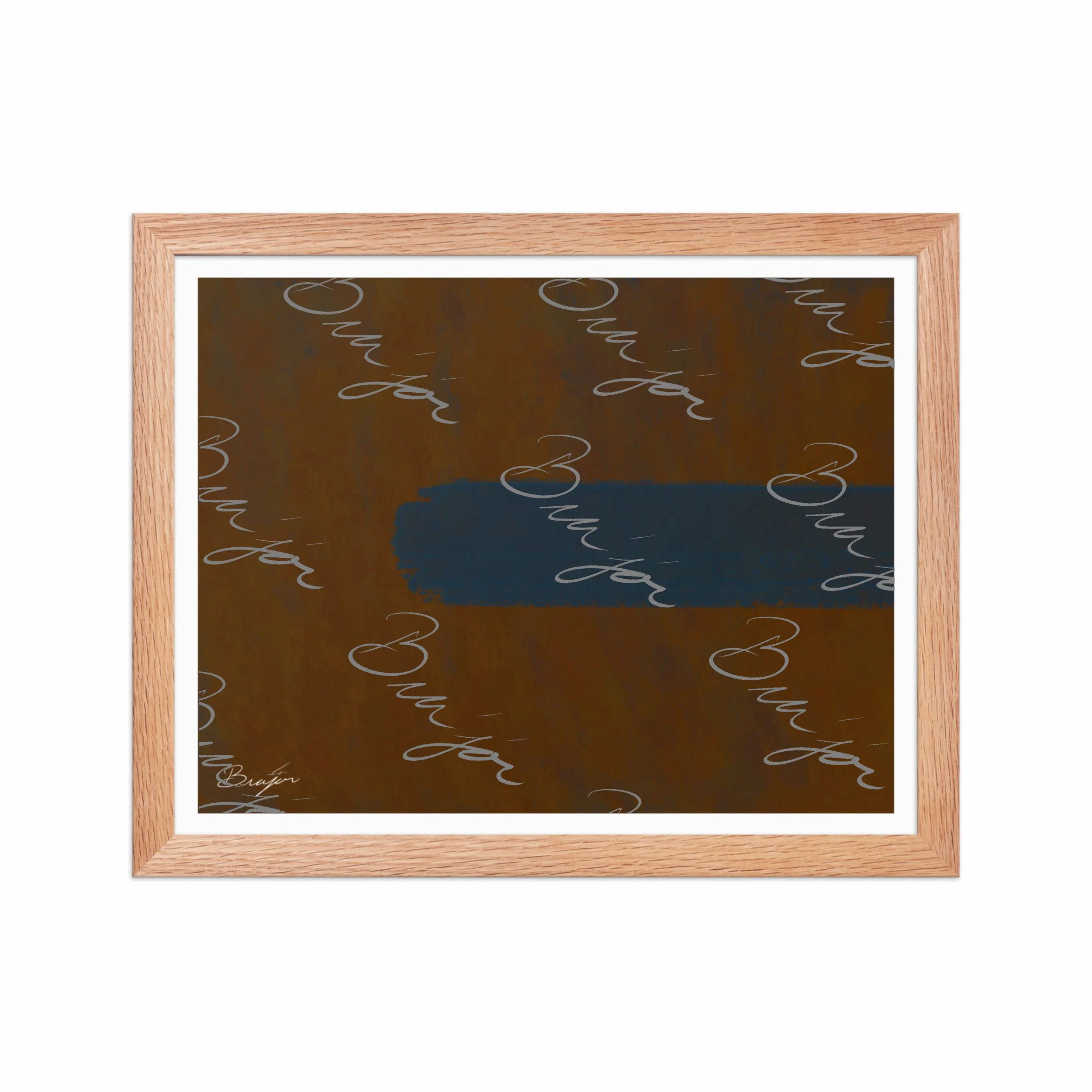 11x14 Red Oak Framed Abstract artwork titled Distraction designed by the digital abstract artist Bra'jor. Artwork includes the colors Brown, Blue, and Orange