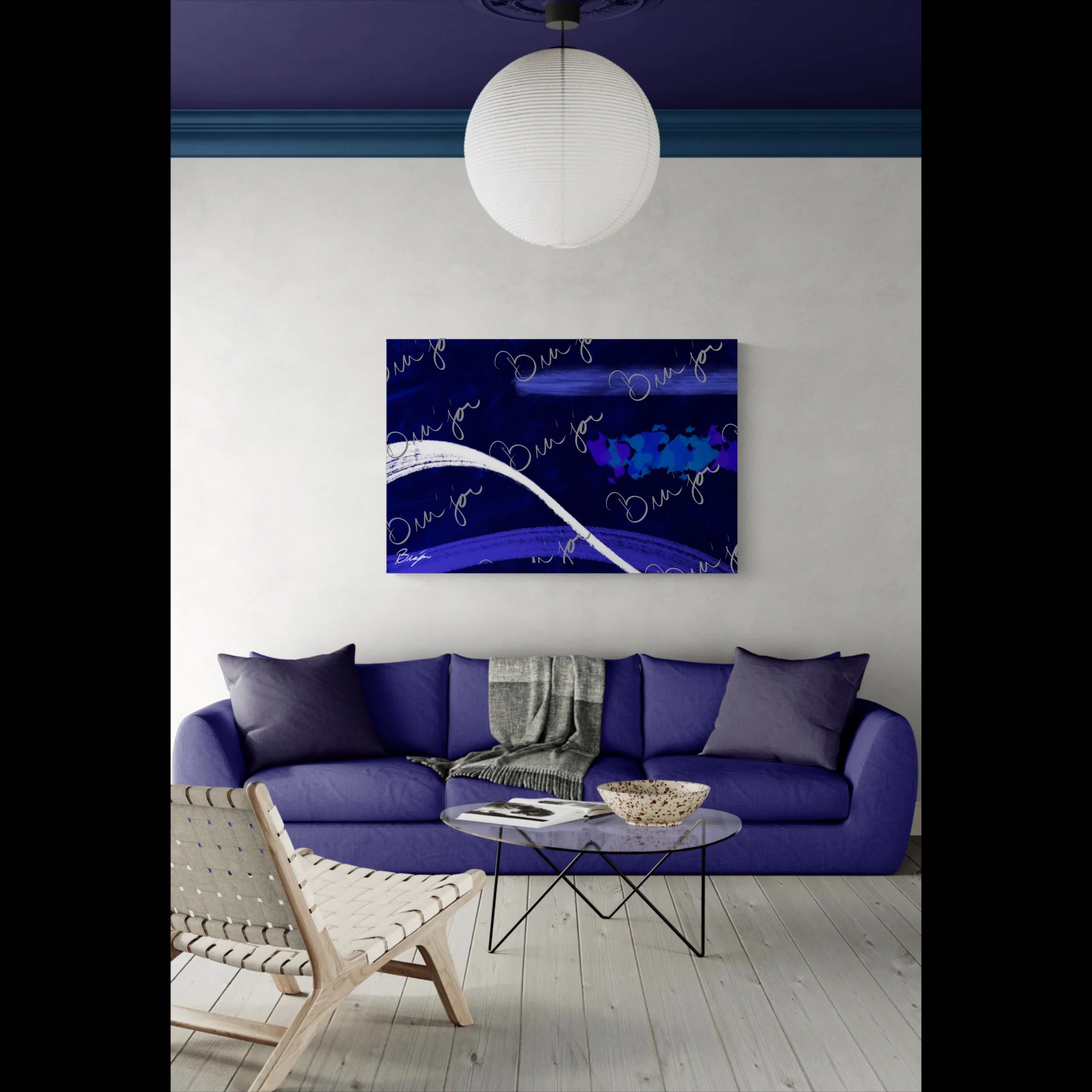 XL Canvas Abstract artwork titled Still Waters designed by the digital abstract artist Bra'jor. Artwork includes the color Blue in many shades, White, and Purple