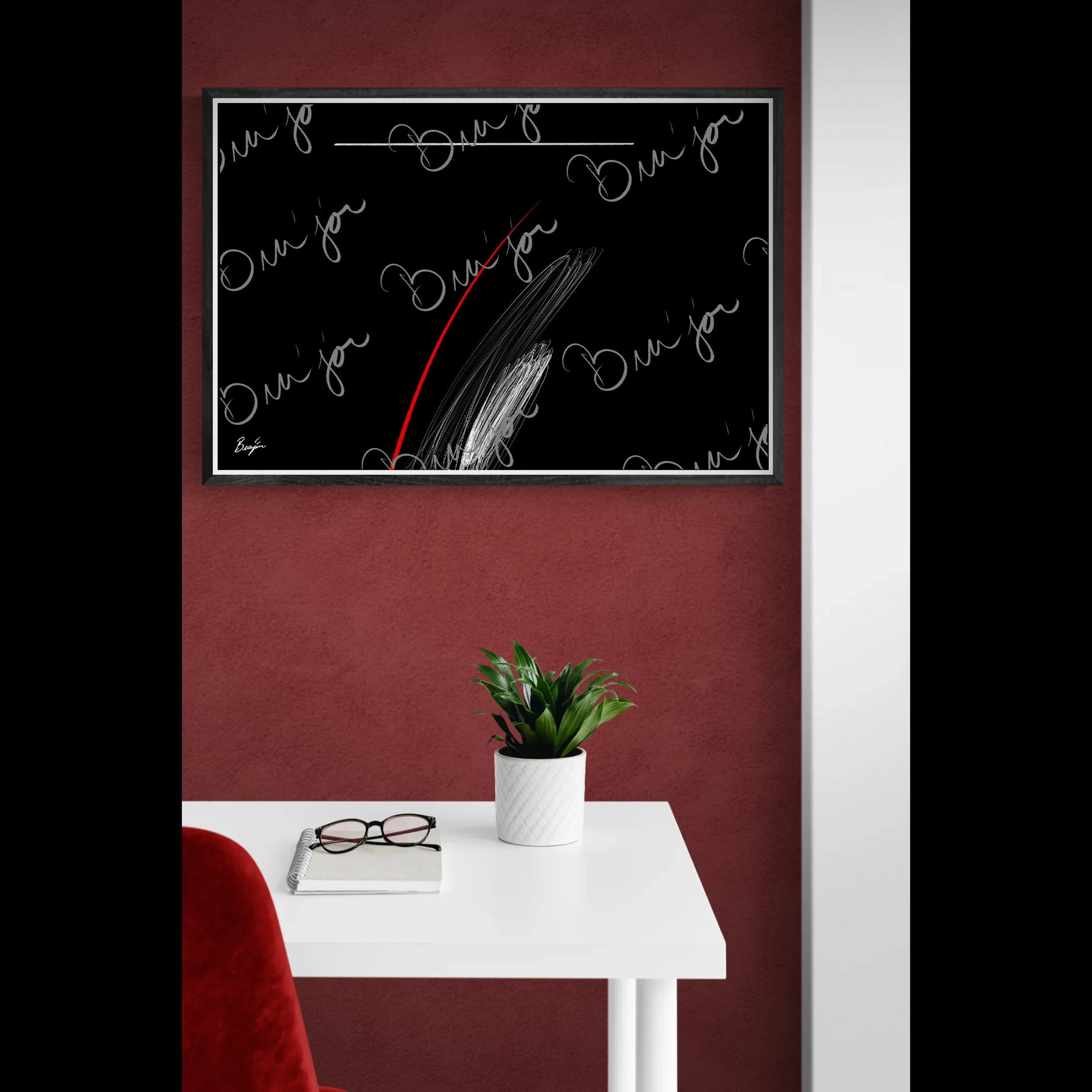 Framed Self Titled Abstract artwork ‘Bra’jor’ designed by the digital abstract artist Bra'jor. Artwork includes the colors Black, Red, and White