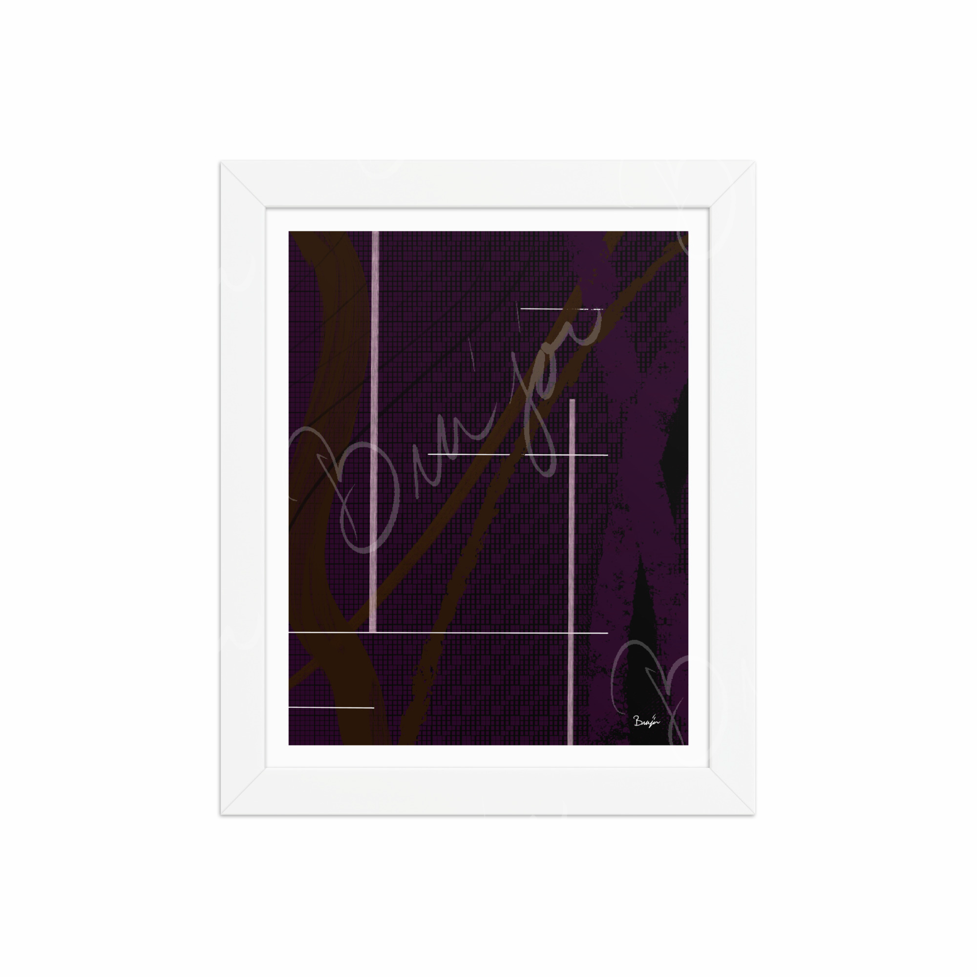 8x10 White Framed Abstract artwork titled Out of the Box designed by the digital abstract artist Bra'jor. Artwork includes the colors Purple, Brown, Black, and White