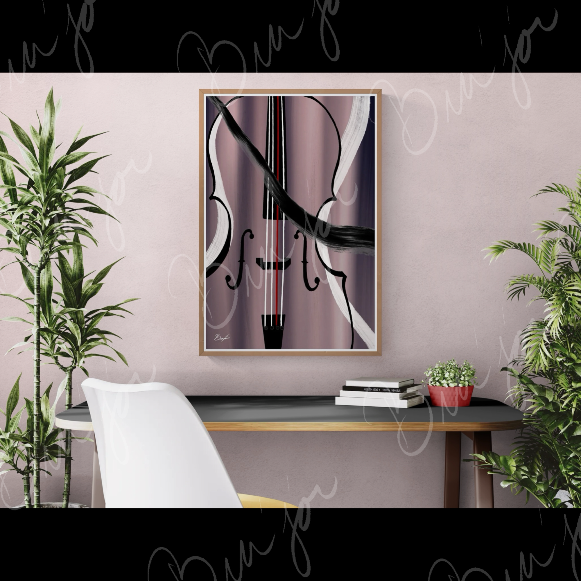Framed Abstract artwork titled First Love designed by the digital abstract artist Bra'jor. Artwork includes the colors Black, White, Gray, violet, Mauve, and Red