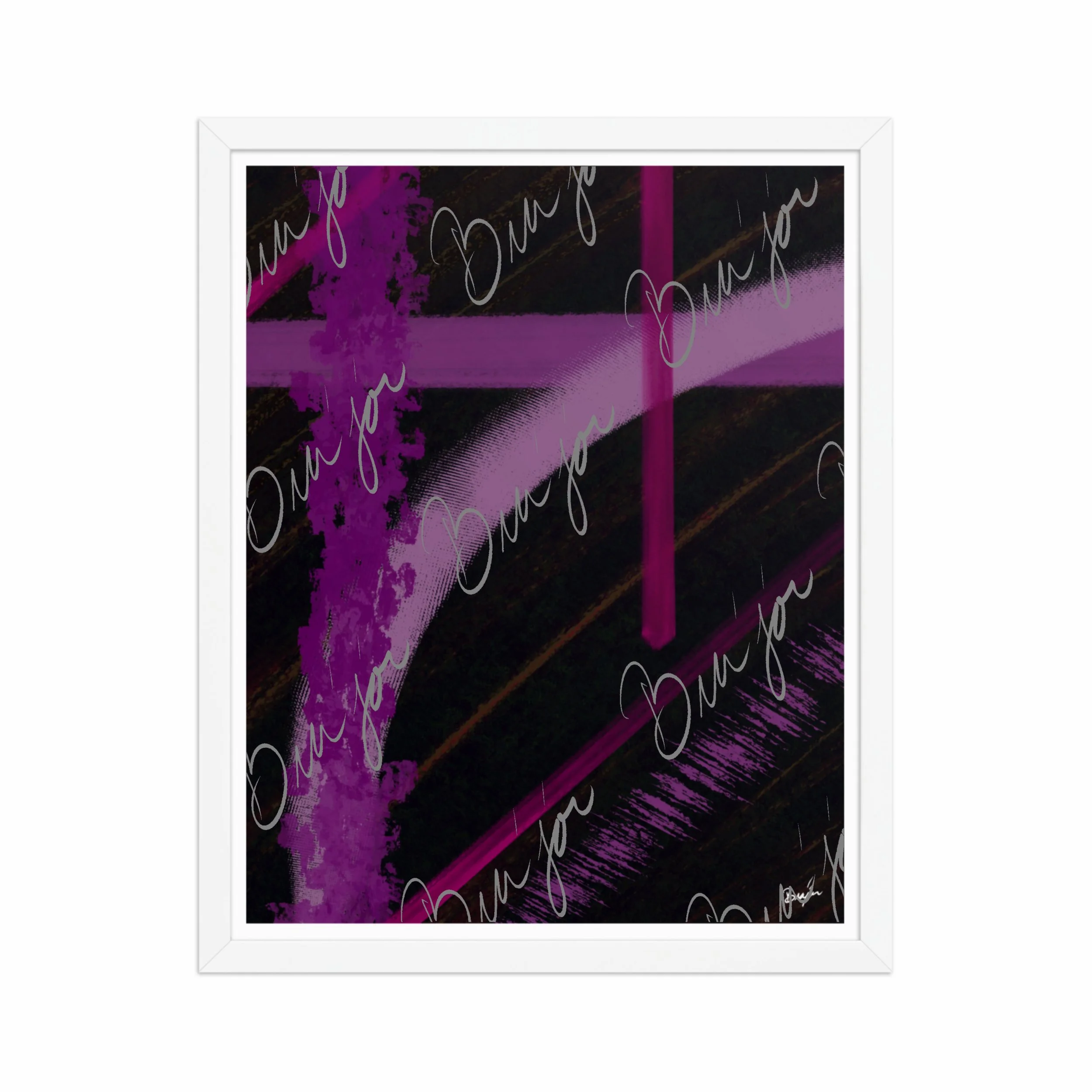 16x20 White Framed Abstract artwork titled Be Soft designed by the digital abstract artist Bra'jor. Artwork includes the colors Purple, Lavender, Pink, Orange, and Black