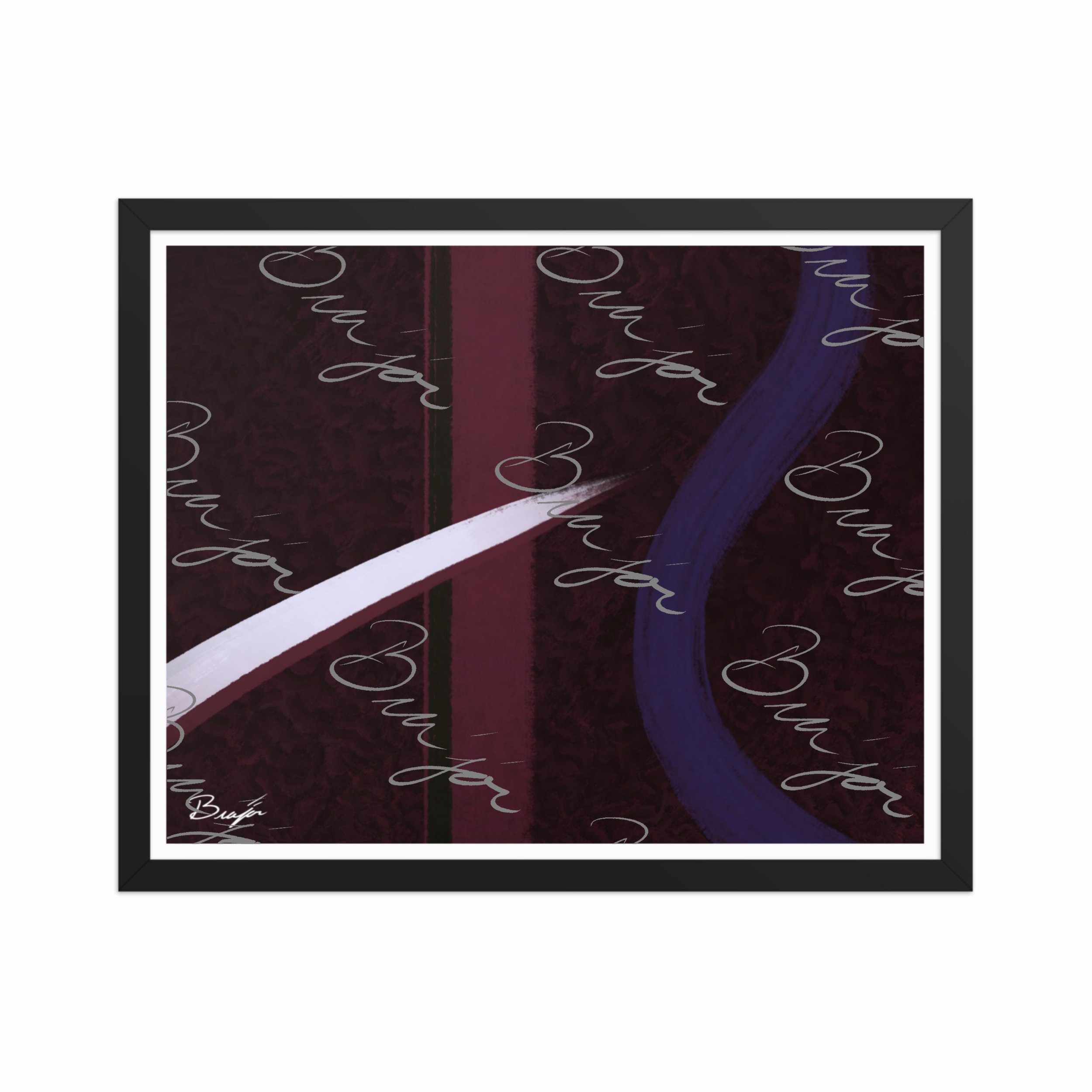 16x20 Black Framed abstract artwork titled The Walk designed by the digital abstract artist Bra'jor. Artwork includes the colors Maroon, Black, Purple, and White