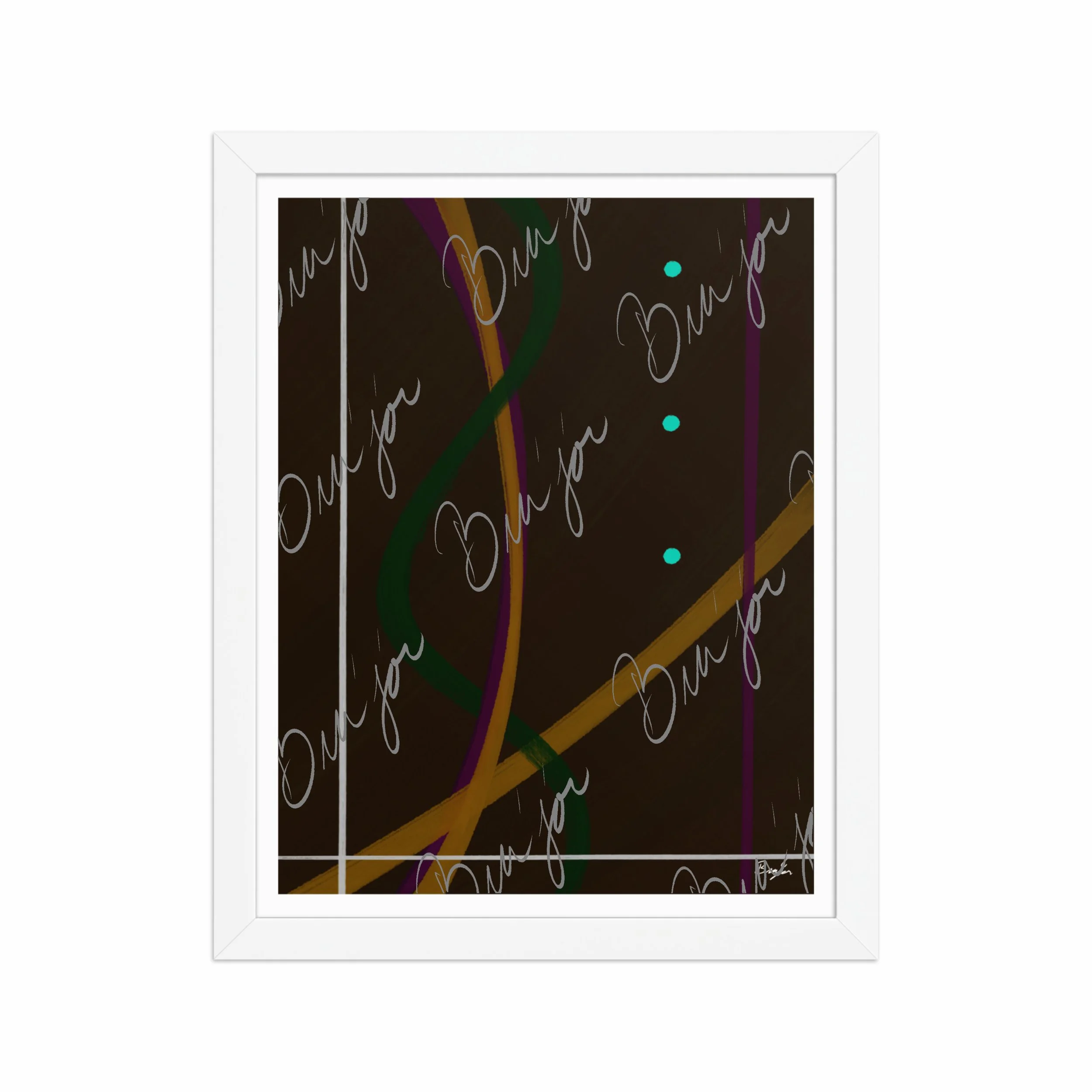 11x14 White Framed Abstract artwork titled Button Up designed by the digital abstract artist Bra'jor. Artwork includes the colors Orange, Purple, Green, White, and Brown