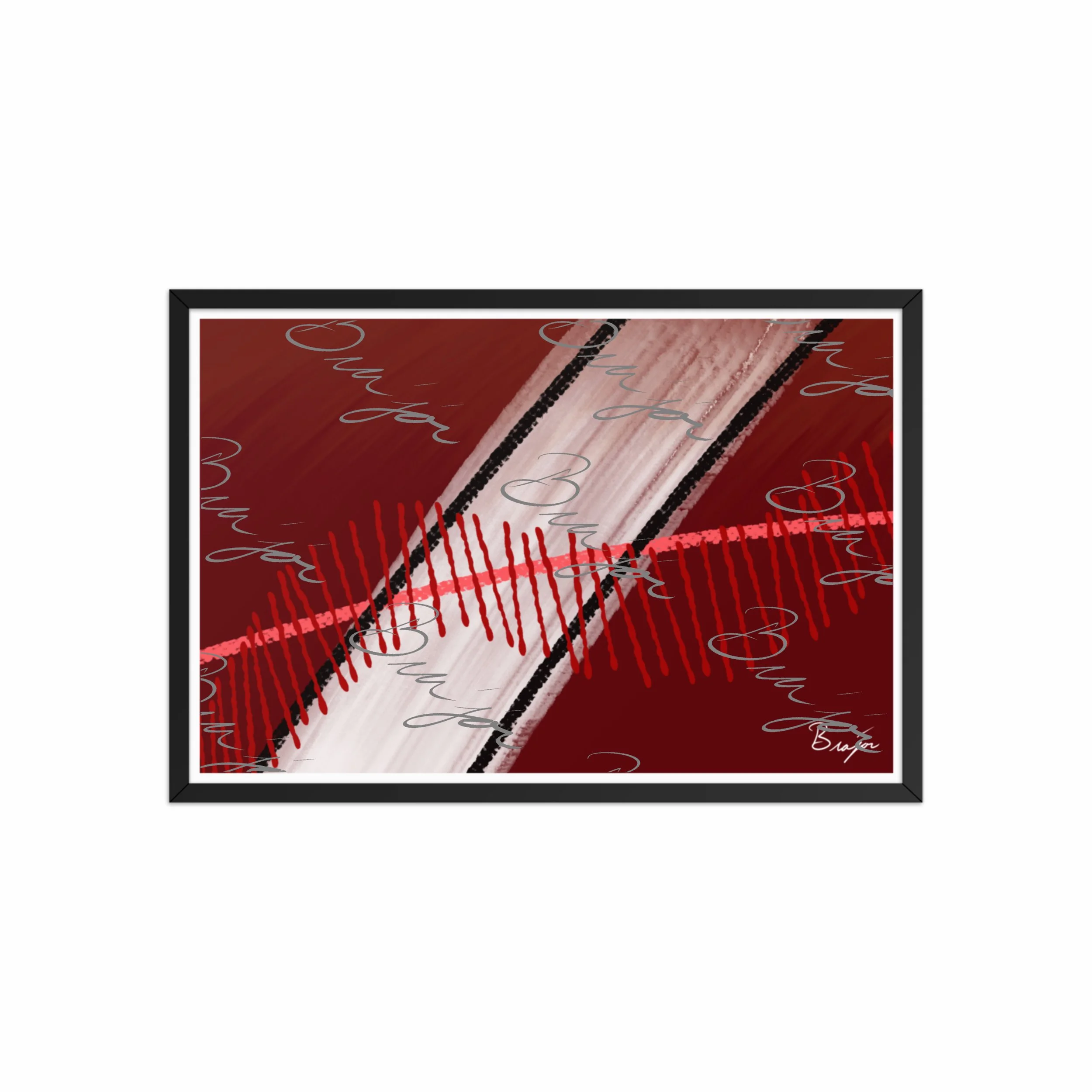 20x30 Black Framed abstract artwork titled Confined designed by the digital abstract artist Bra'jor. Artwork includes the colors Red, Pink, Black, Maroon, and White