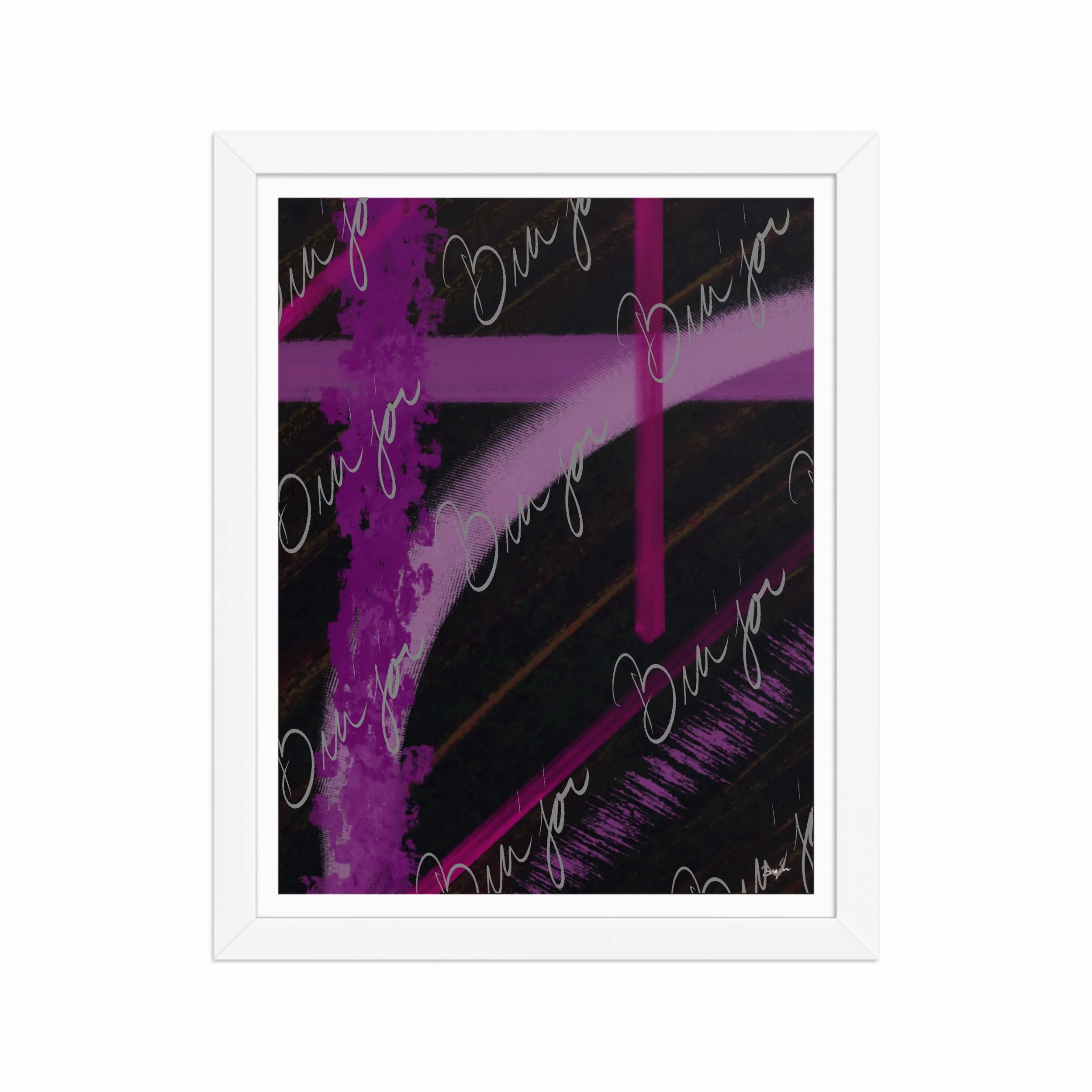 11x14 White Framed Abstract artwork titled Be Soft designed by the digital abstract artist Bra'jor. Artwork includes the colors Purple, Lavender, Pink, Orange, and Black