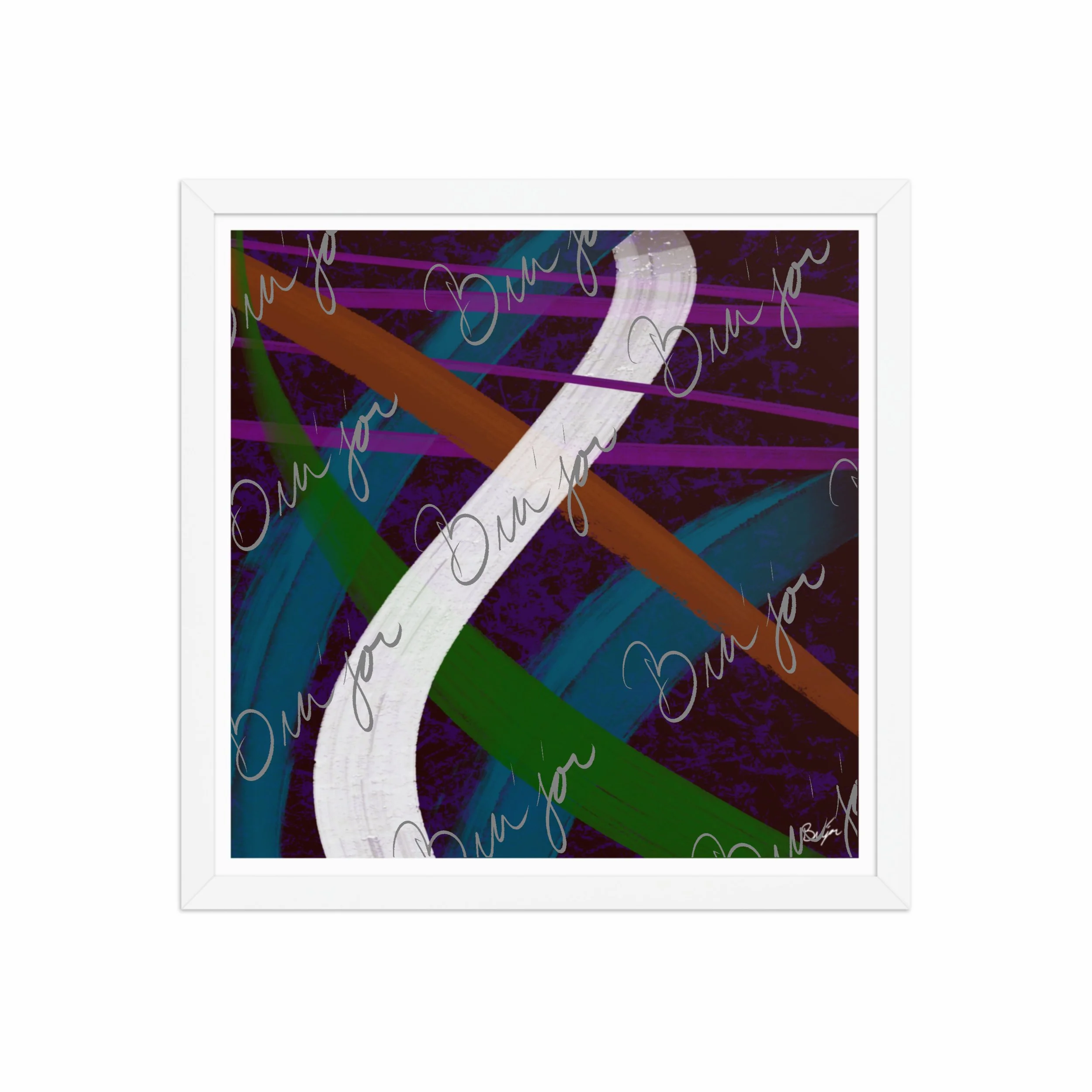 16x16 White Framed Abstract artwork titled Adventures designed by the digital abstract artist Bra'jor. Artwork includes the colors Purple, Blue, Orange, and White