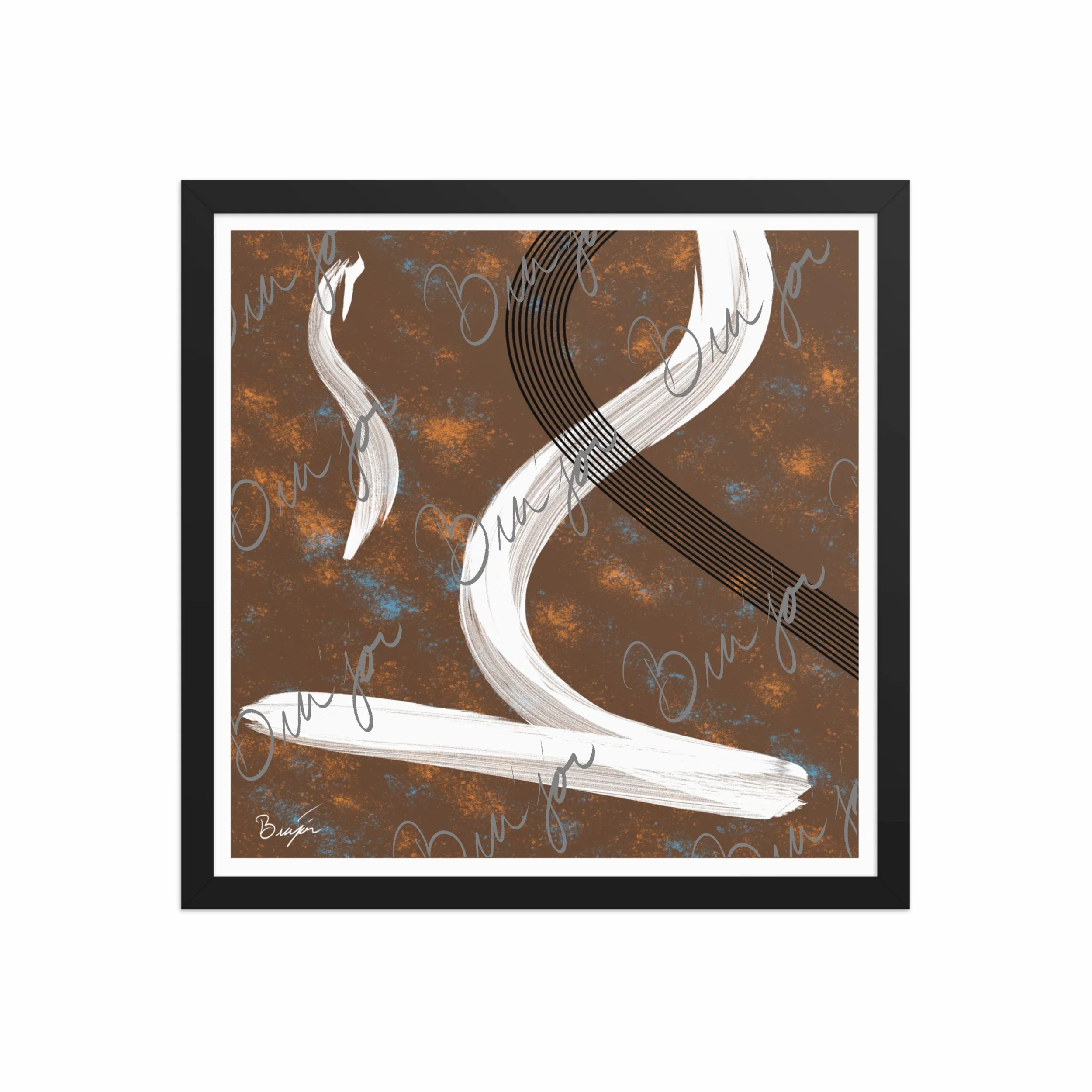 16x16 Black Framed abstract artwork titled My Heart designed by the digital abstract artist Bra'jor. Artwork includes the colors Brown, Orange, Blue, White, and Black