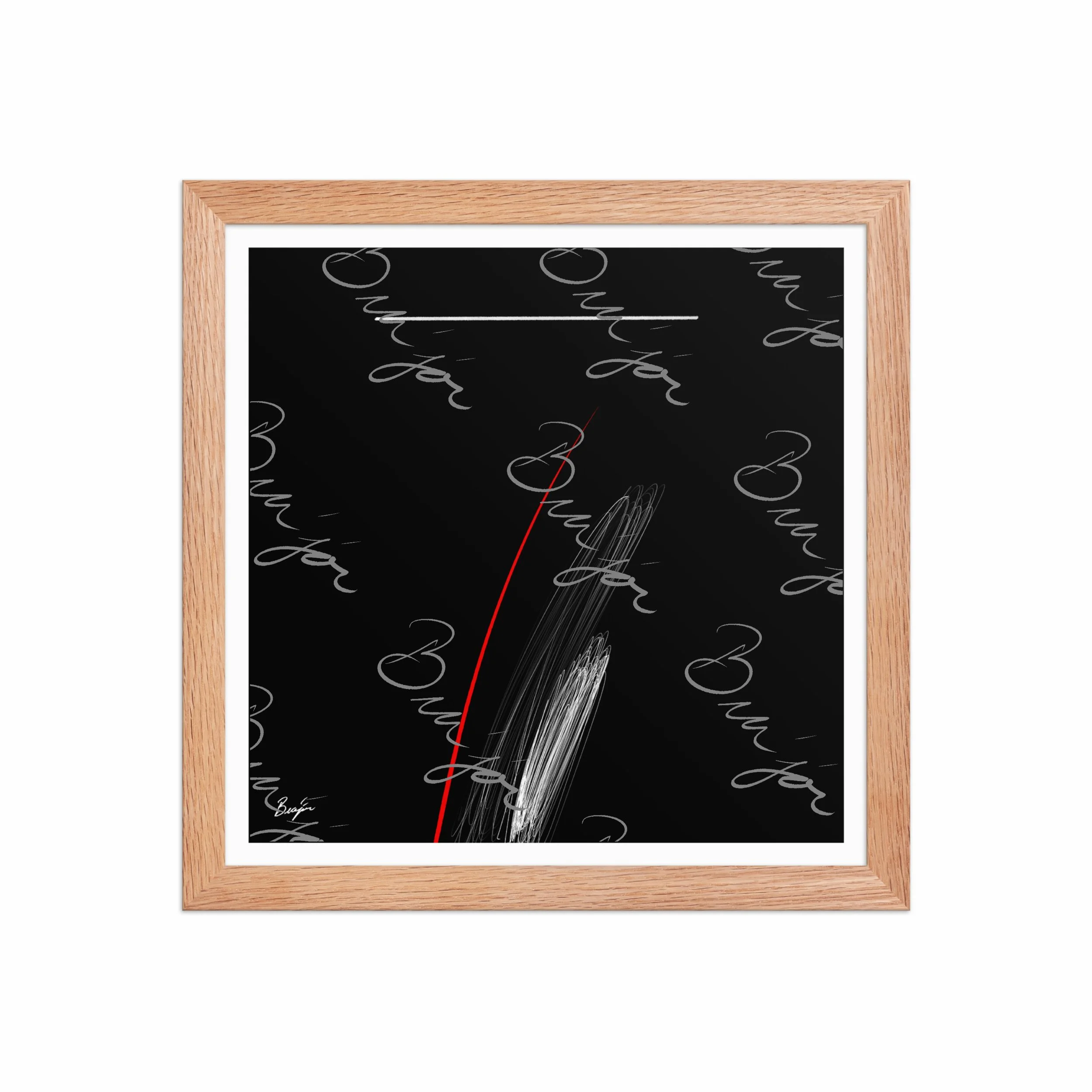 12x12 Red Oak Framed Self Titled Abstract artwork ‘Bra’jor’ designed by the digital abstract artist Bra'jor. Artwork includes the colors Black, Red, and White