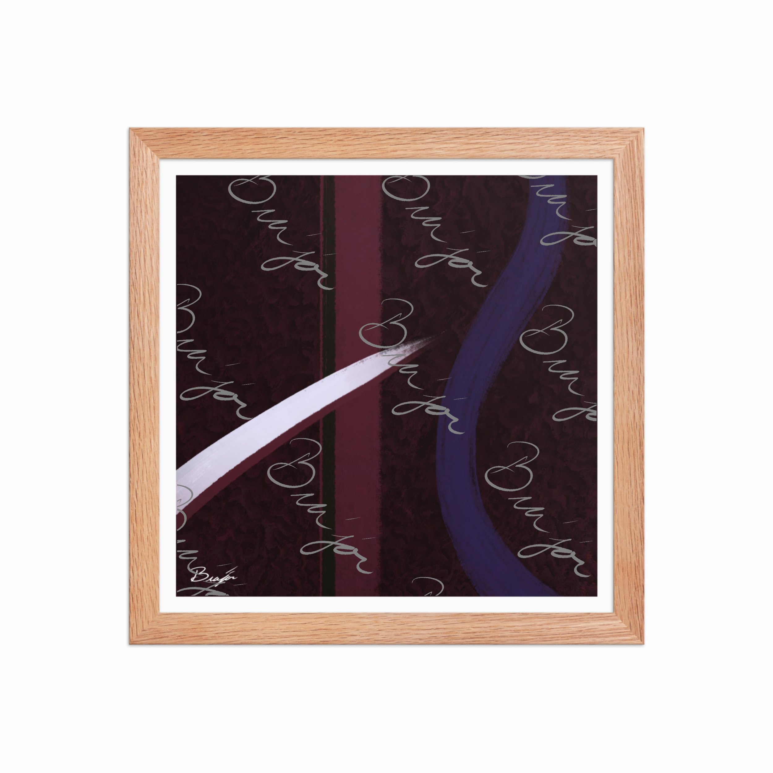 12x12 Red Oak Framed abstract artwork titled The Walk designed by the digital abstract artist Bra'jor. Artwork includes the colors Maroon, Black, Purple, and White