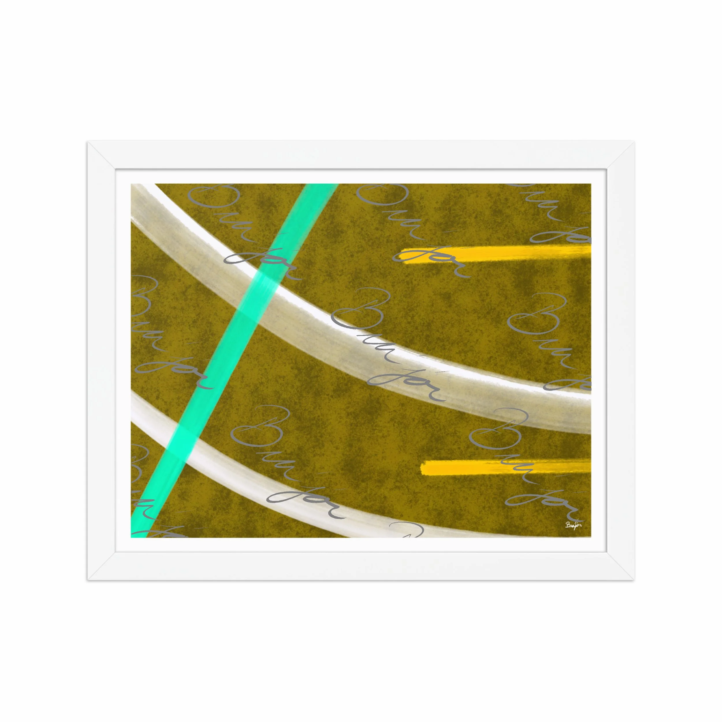 11x14 White Framed Abstract artwork titled Hushed designed by the digital abstract artist Bra'jor. Artwork includes the colors Orange, Yellow, White, and Blue