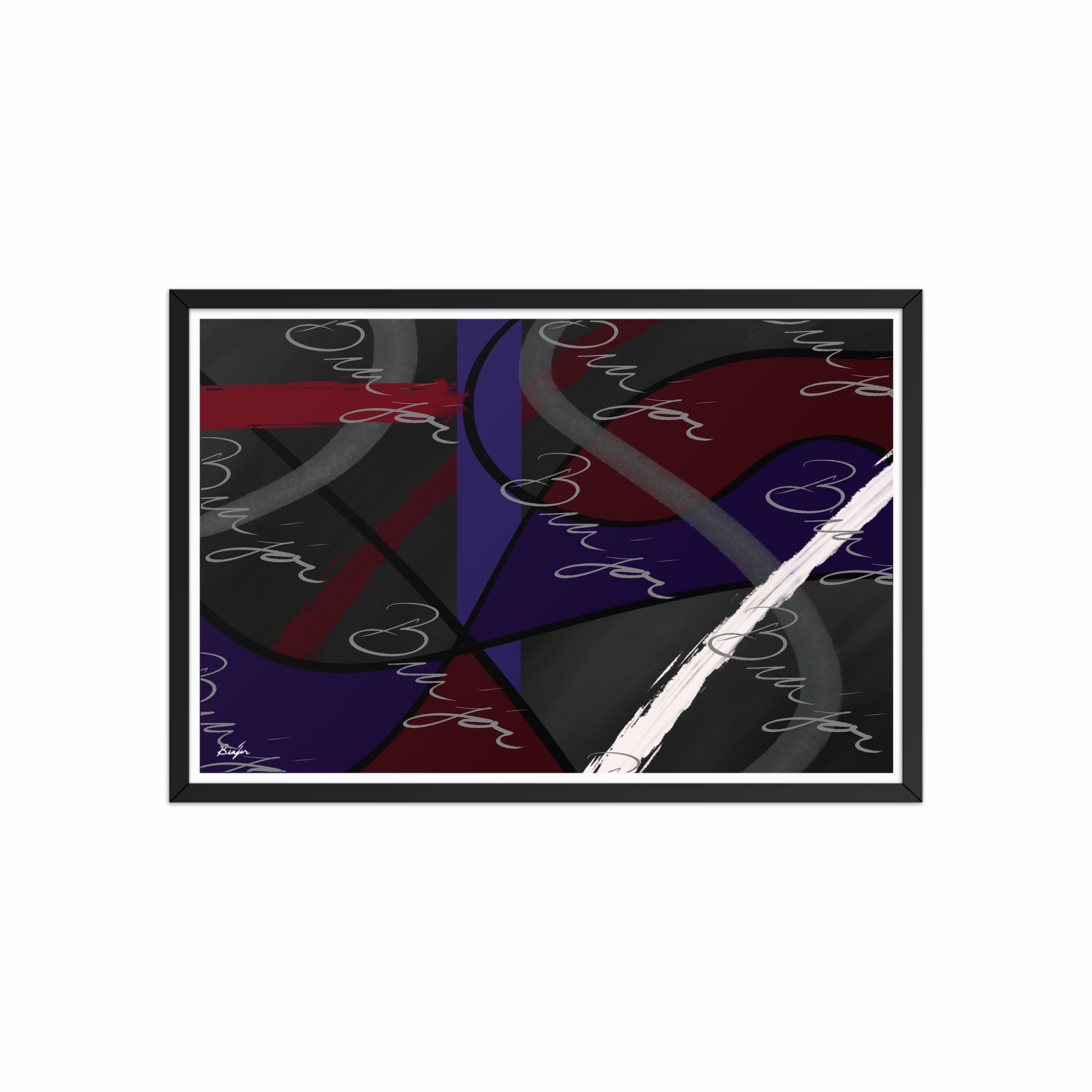20x30 Black Framed Abstract artwork titled Different designed by the digital abstract artist Bra'jor. Artwork includes the colors Purple, Blue, Red, Gray, and Black
