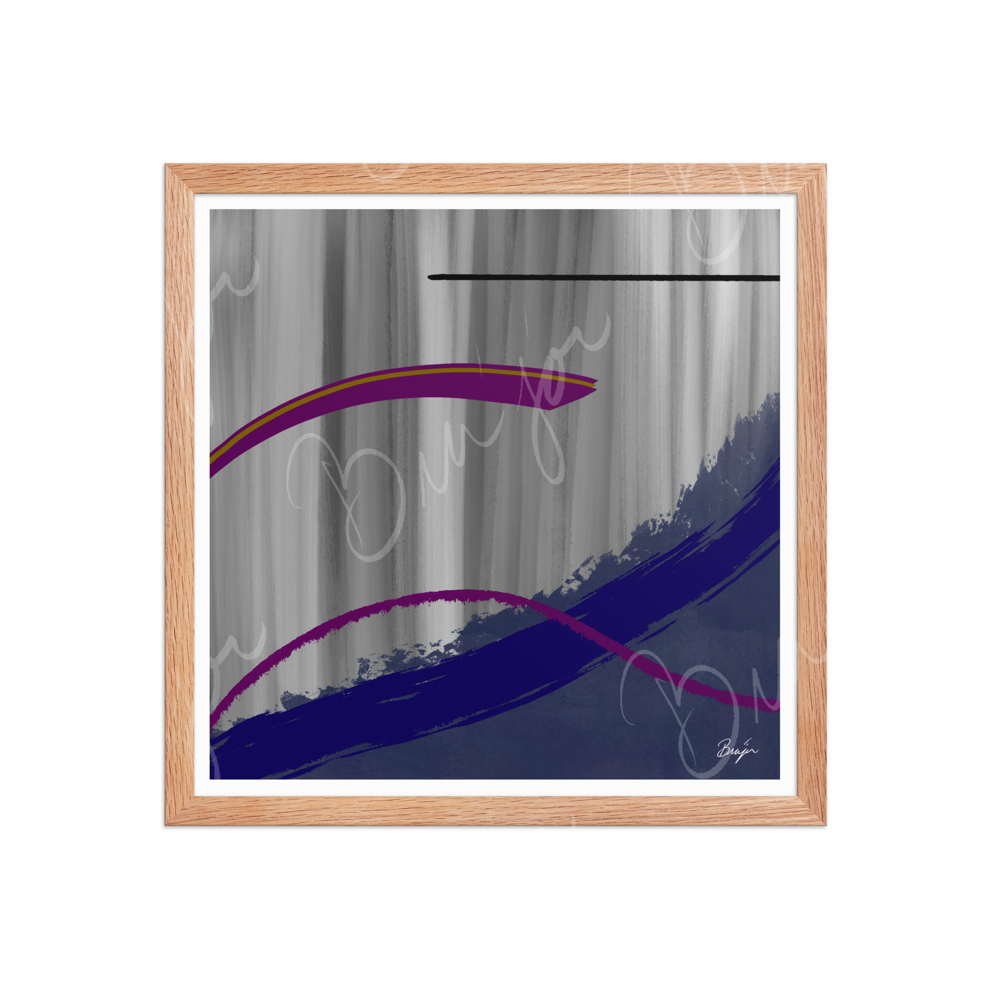 16x16 Red Oak Framed Abstract artwork titled Reworking designed by the digital abstract artist Bra'jor. Artwork includes the colors Purple, Gray, Blue, Mustard Yellow, and Black