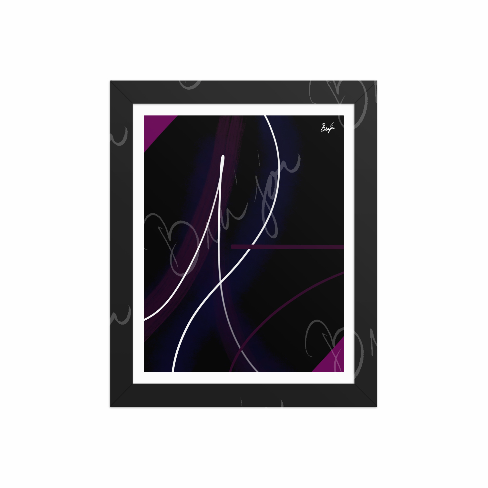 8x10 Black Framed Abstract artwork titled Poised designed by the digital abstract artist Bra'jor. Artwork includes the colors Purple, Pink, Blue, and White