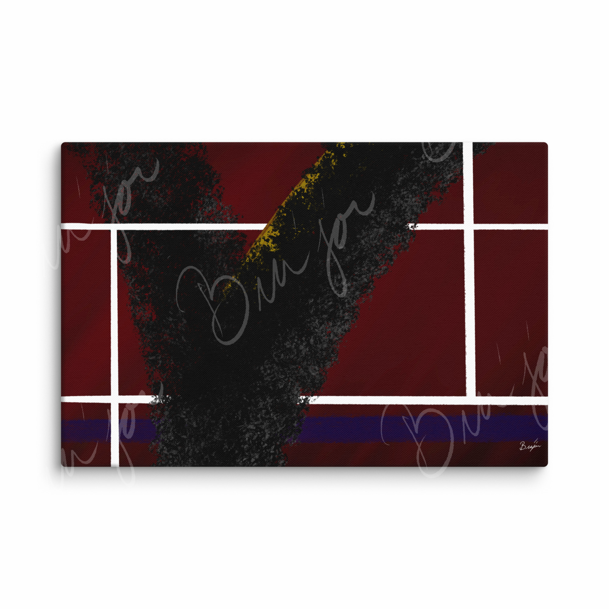 24x36 Canvas Abstract artwork titled Step Out designed by the digital abstract artist Bra'jor. Artwork includes the colors Red, White, Black, Yellow, and Blue