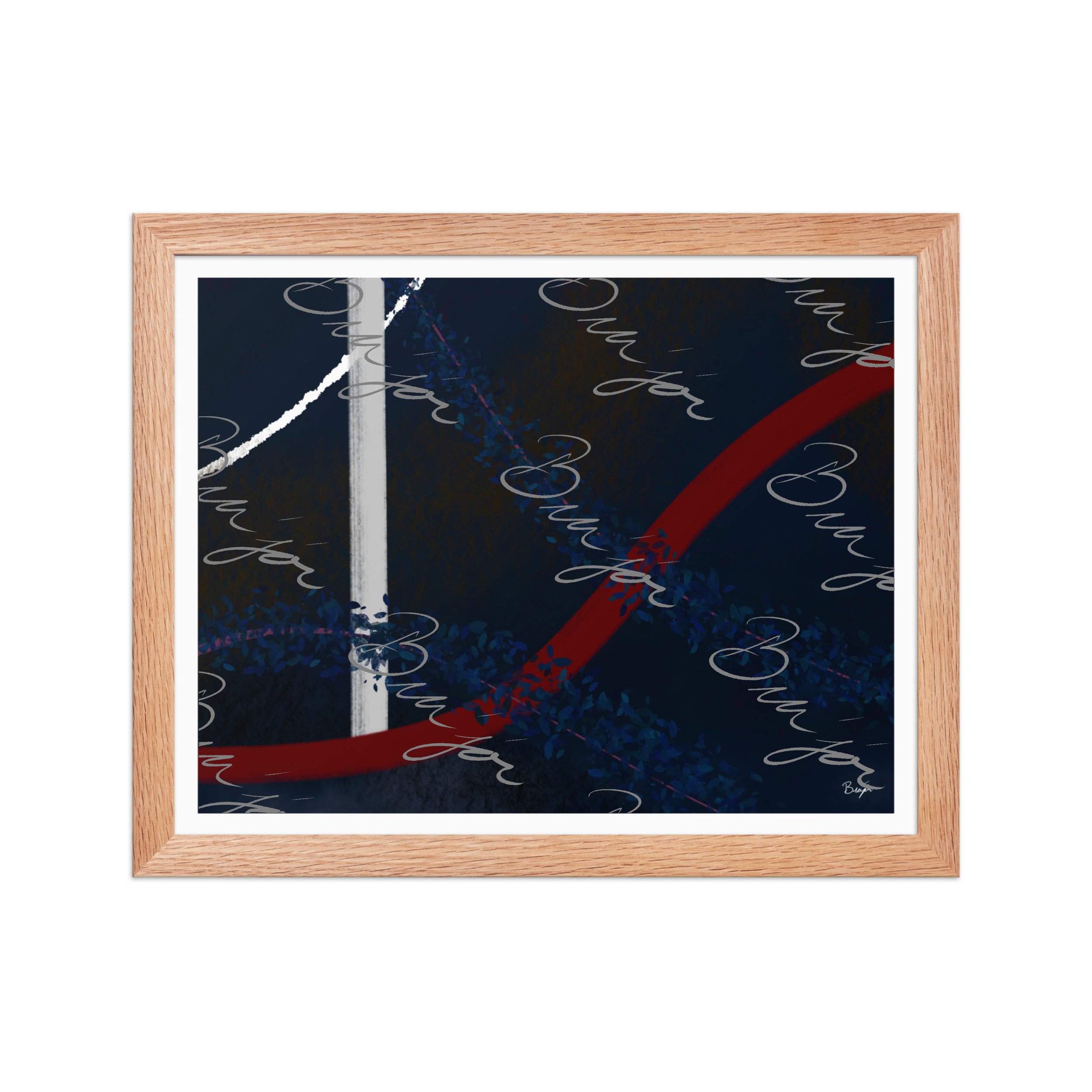 11x14 Red Oak Framed abstract artwork titled Gloomy II designed by the digital abstract artist Bra'jor. Artwork includes the colors Blue, Red, White, Pink, and Black