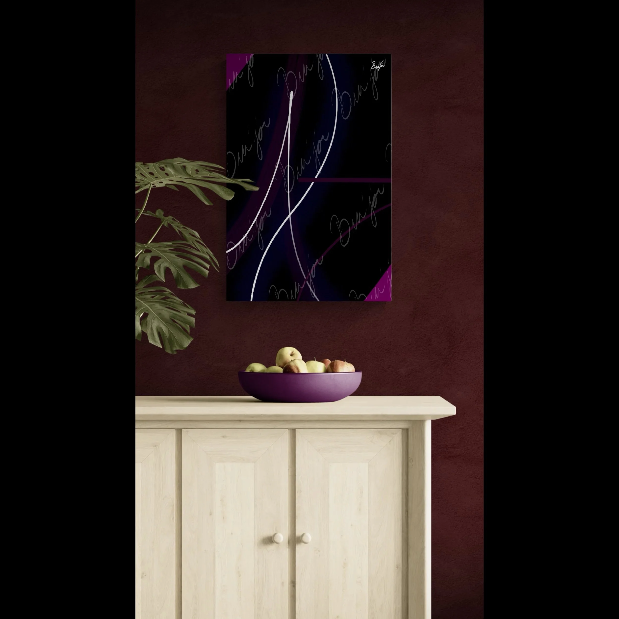 Canvas Abstract artwork titled Poised designed by the digital abstract artist Bra'jor. Artwork includes the colors Purple, Pink, Blue, and White