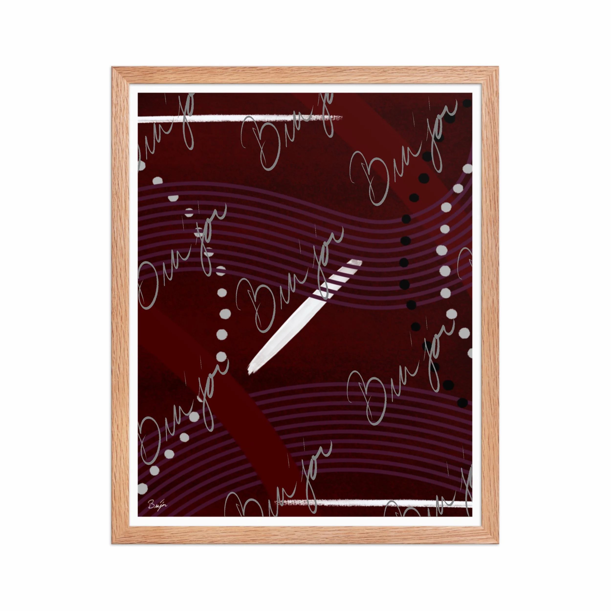 16x20 Red Oak Framed Abstract artwork titled Memories designed by the digital abstract artist Bra'jor. Artwork includes the colors Black, White, Maroon, Purple, and Gray