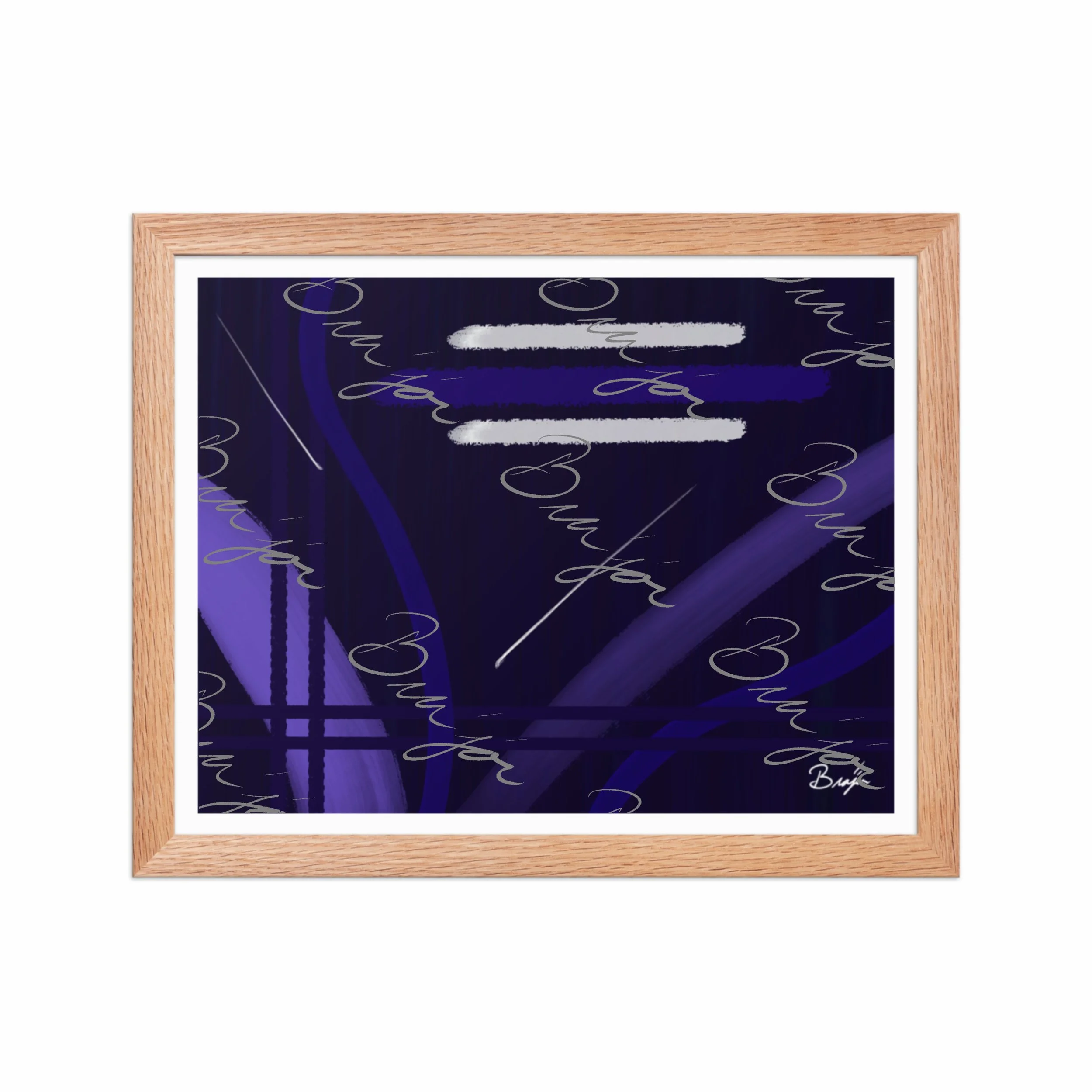 11x14 Red Oak Framed Abstract artwork titled Beneath designed by the digital abstract artist Bra'jor. Artwork includes the colors Blue, White, Purple, and Navy